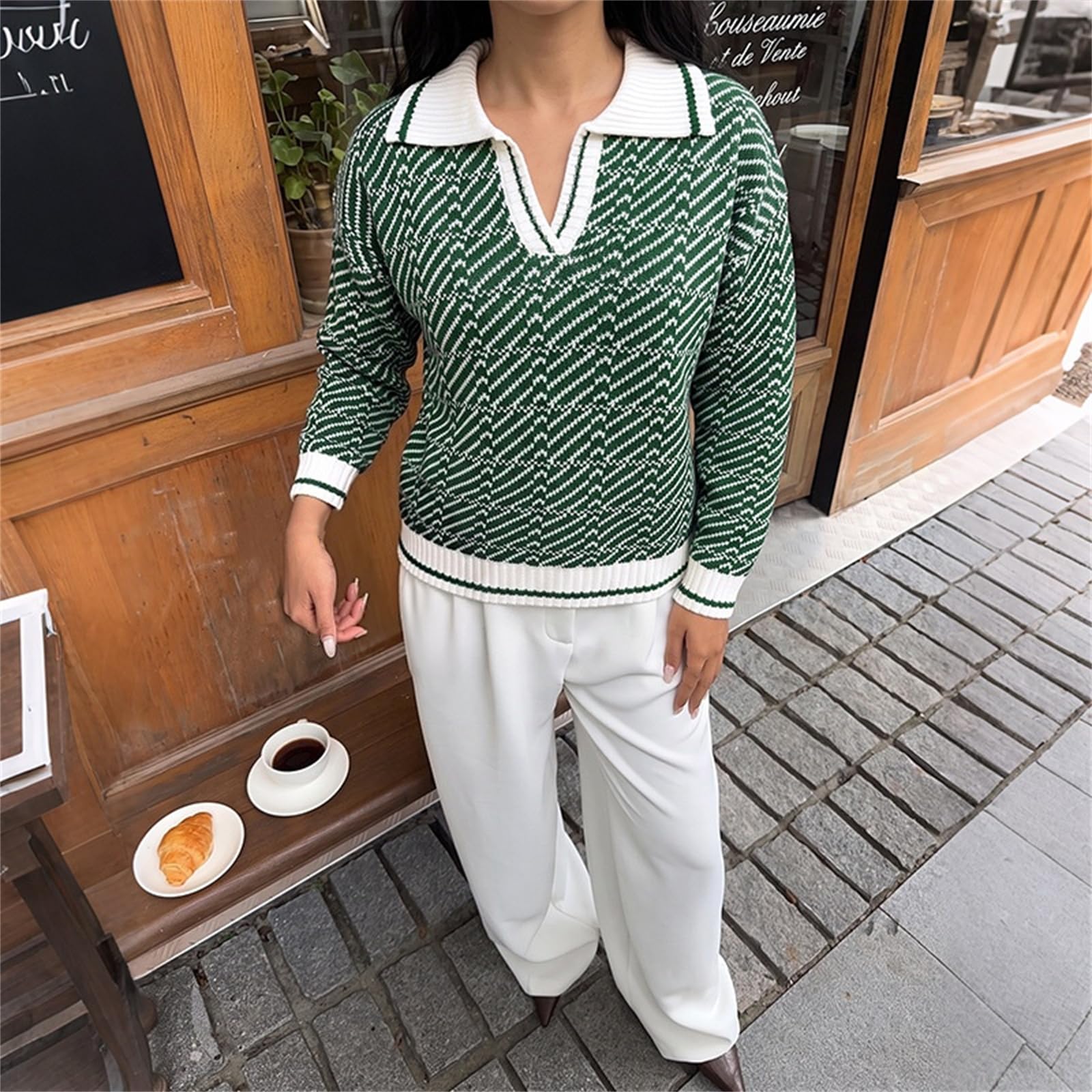 Pullover da donna a maniche lunghe con colletto a polo pied de poule