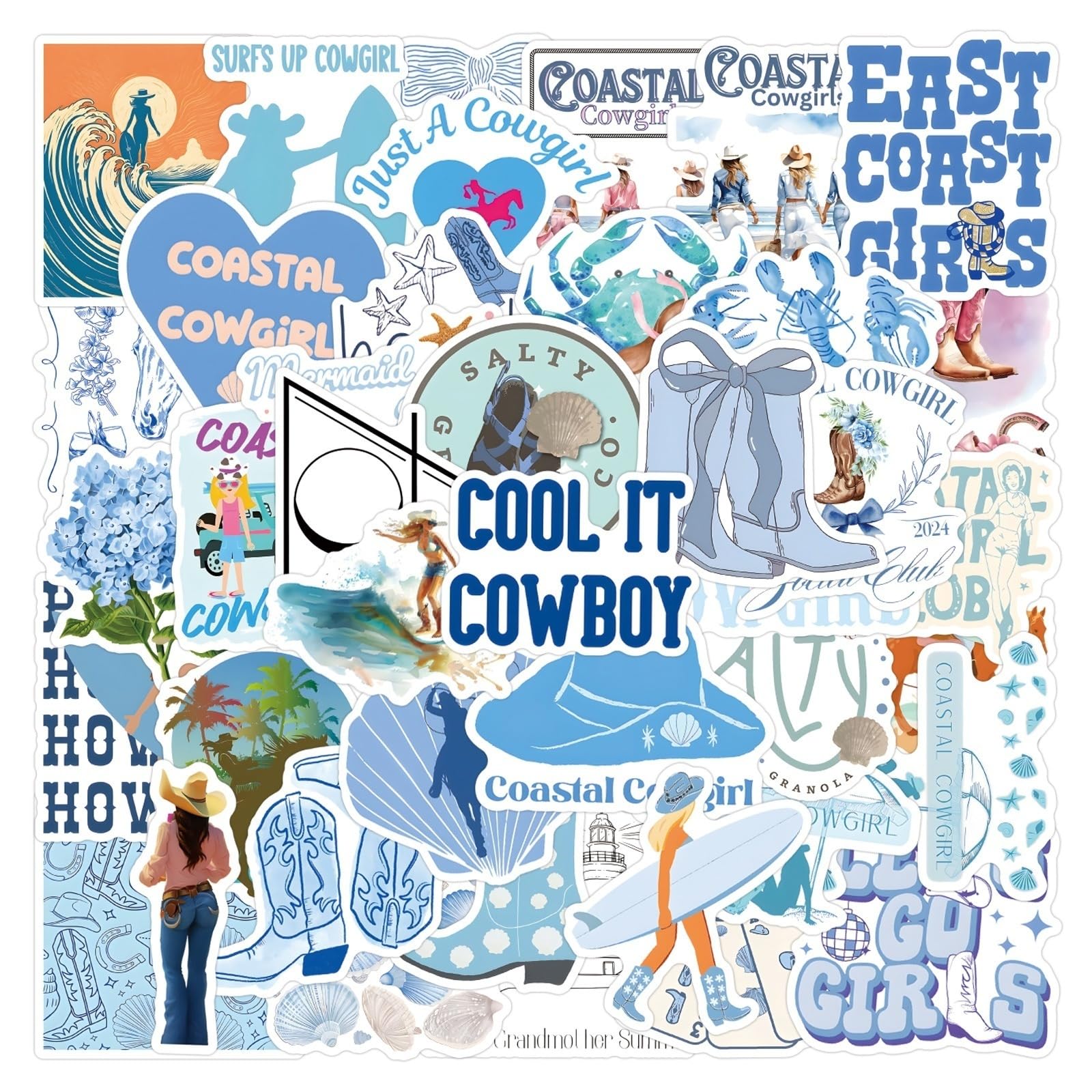 55pcs Coastal Cowgirl Stickers,Coast Granddaughter Decor,Beachy Western Aesthetic Waterpfoor Stickers for Water Bottle Laptop Skateboard Blue Preppy