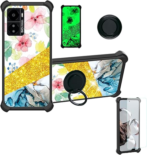 Kalley Black 3 - Funda compatible con Kalley Black 3, con protector de pantalla de vidrio templado, soporte de anillo, purpurina dorada y luminosa,
