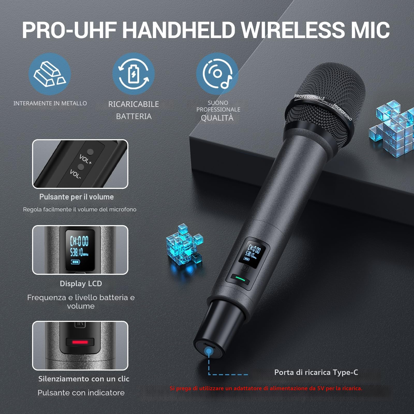 TONOR Sistema Microfono Wireless, Microfono Ricaricabile Professionale, Microfono Dinamico Cordless in Metallo 2x100 UHF per Karaoke, Chiesa, Canto, Matrimonio, Riunione, DJ, Auto Scan, 80 M,TW550
