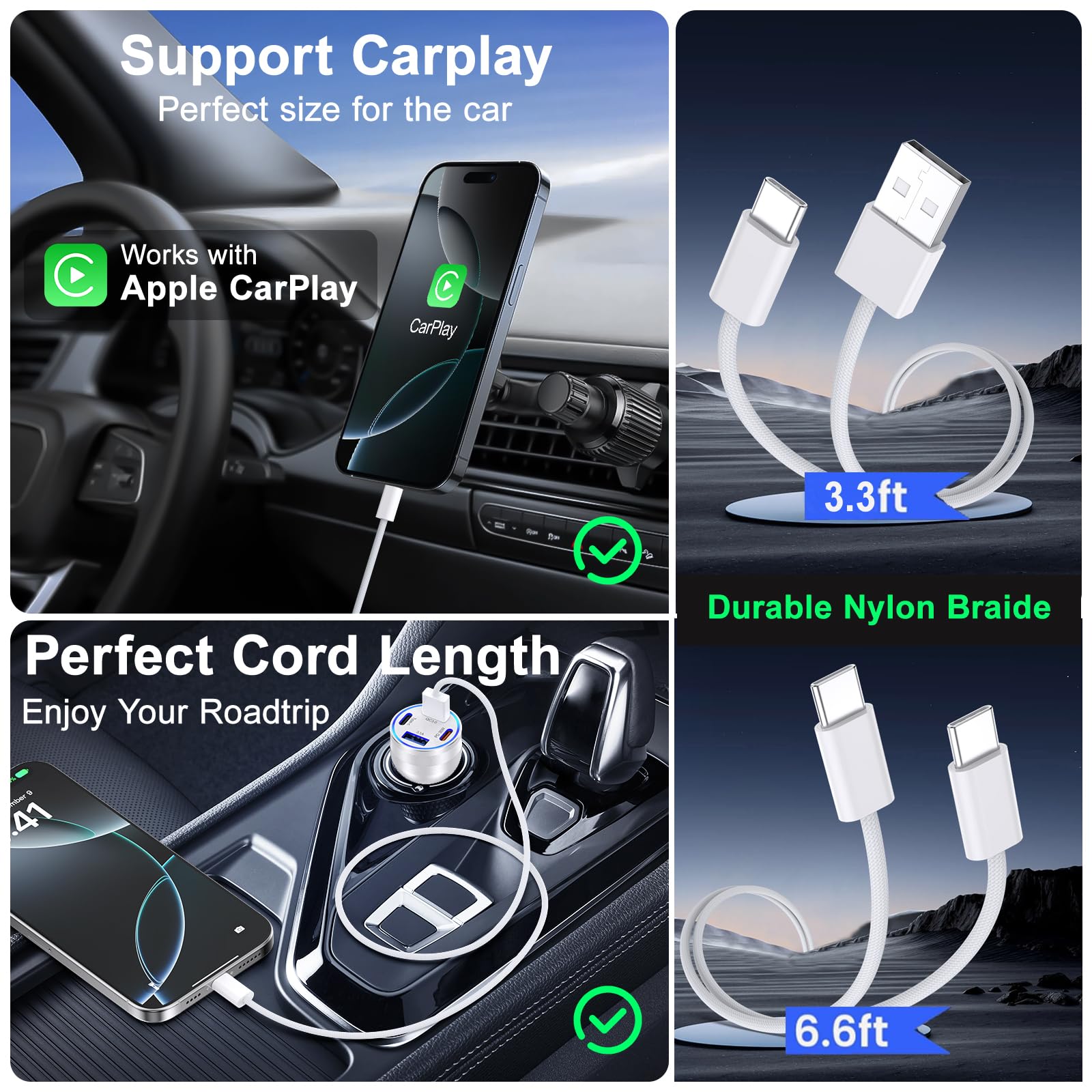 Superszybka ładowarka samochodowa USB C 4 porty 65 W typu C - srebrna