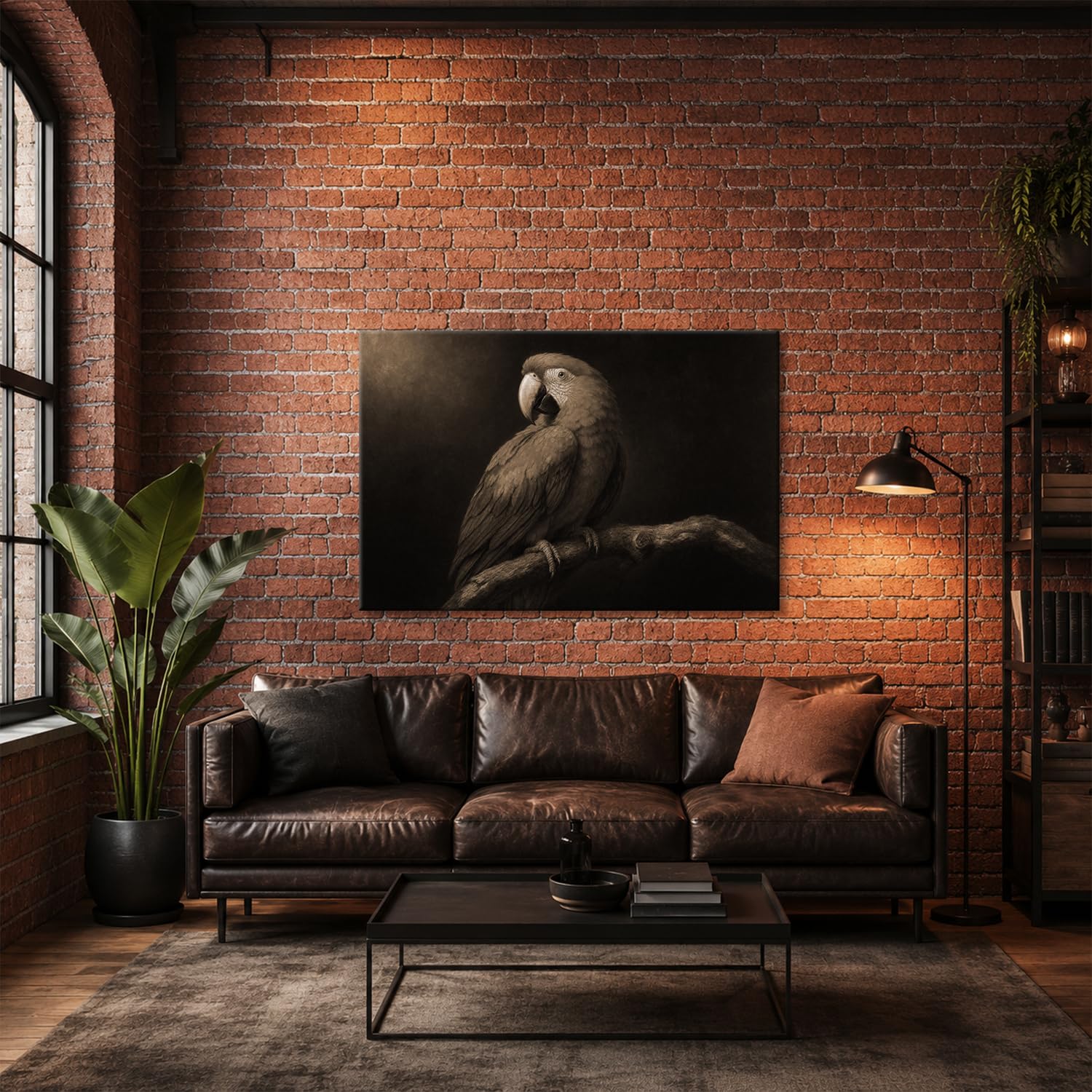 deyoli Obraz na płótnie Kolorowa papuga siedząca na gałęzi 90 x 60 cm Sepia | Format poziomy, jednoczęściowy druk artystyczny XXL, obraz na blejtramie, obraz na płótnie, obraz ścienny, dekoracja salonu