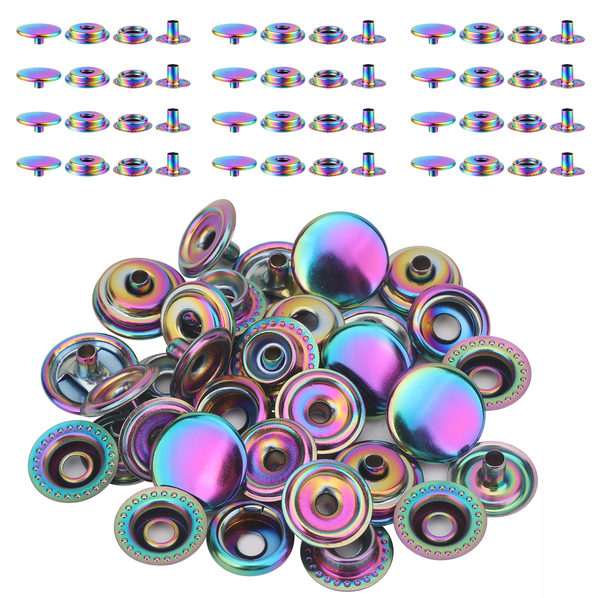 WedDecor Botones de presión grandes de 15 mm de latón resistente de cuatro piezas para manualidades en cuero, cubierta de barco, reparación, reemplazo, ropa, arco iris, 100 juegos