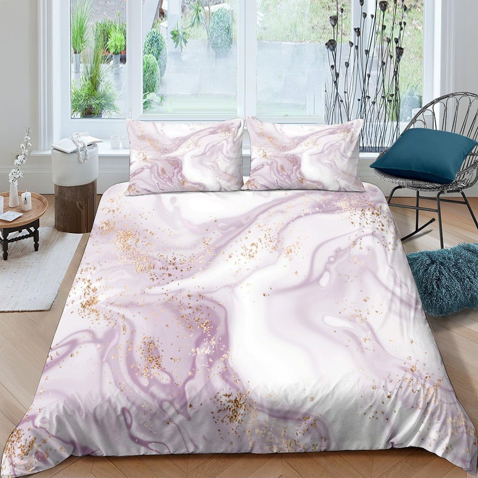 GPLZQXKJNH 3D Printed Marble Pink Duvet Cover Microfiber Soft Breathable Gold Vein Bedding Set with 2 Pillowcases for Bedroom Decor Single（135x200cm）