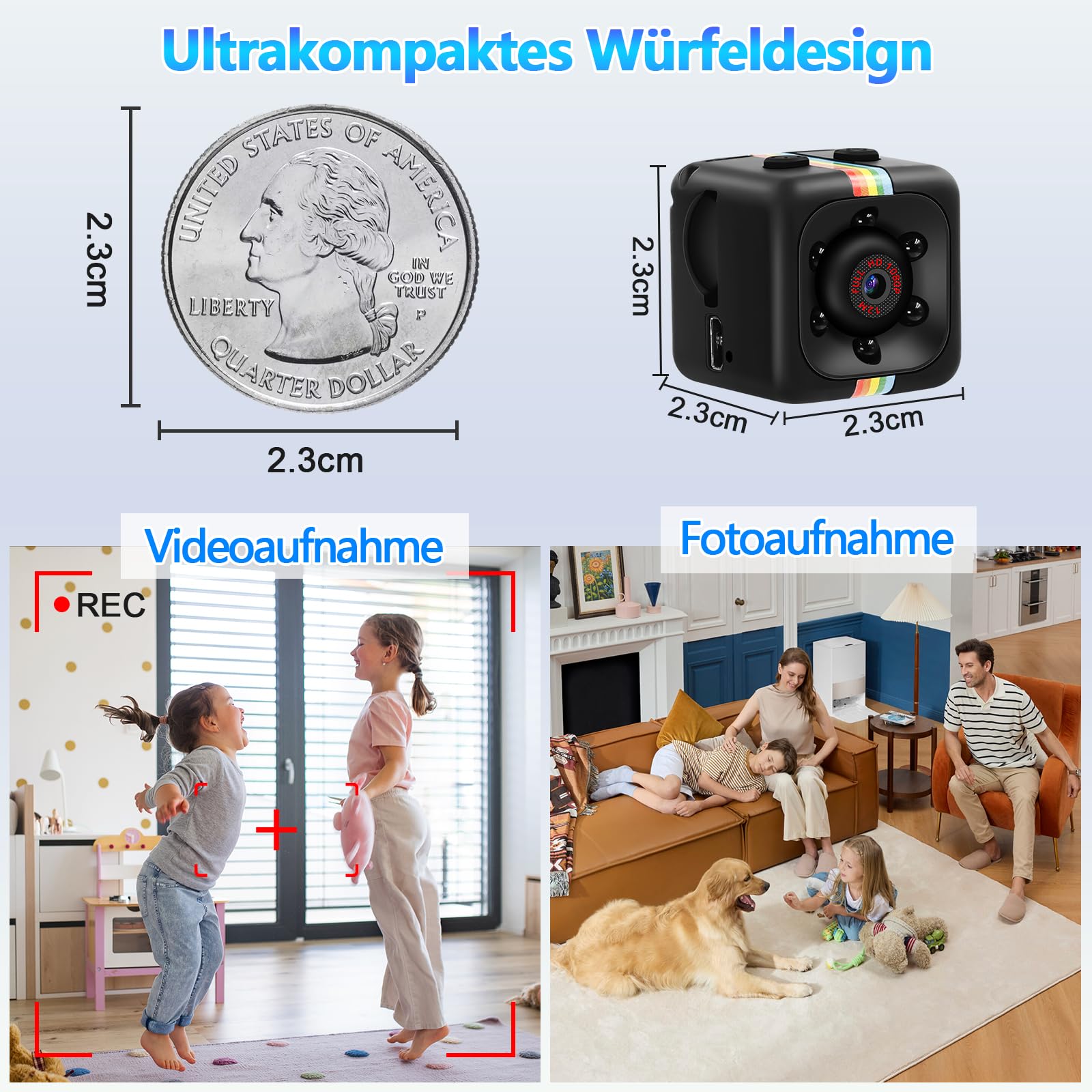 Mini Bodycam, Kleinste 2,2 cm 1080P & 720P HD Kleine Kamera, Hochwertige Nachtsicht Mini HD Kamera mit Bewegungserkennung, Loop-Aufnahme