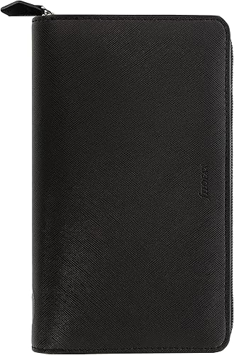 Filofax Saffiano - Organizador de cremallera, tamaño compacto personal, negro, grano cruzado, aspecto de cuero, seis anillos, calendario semanal