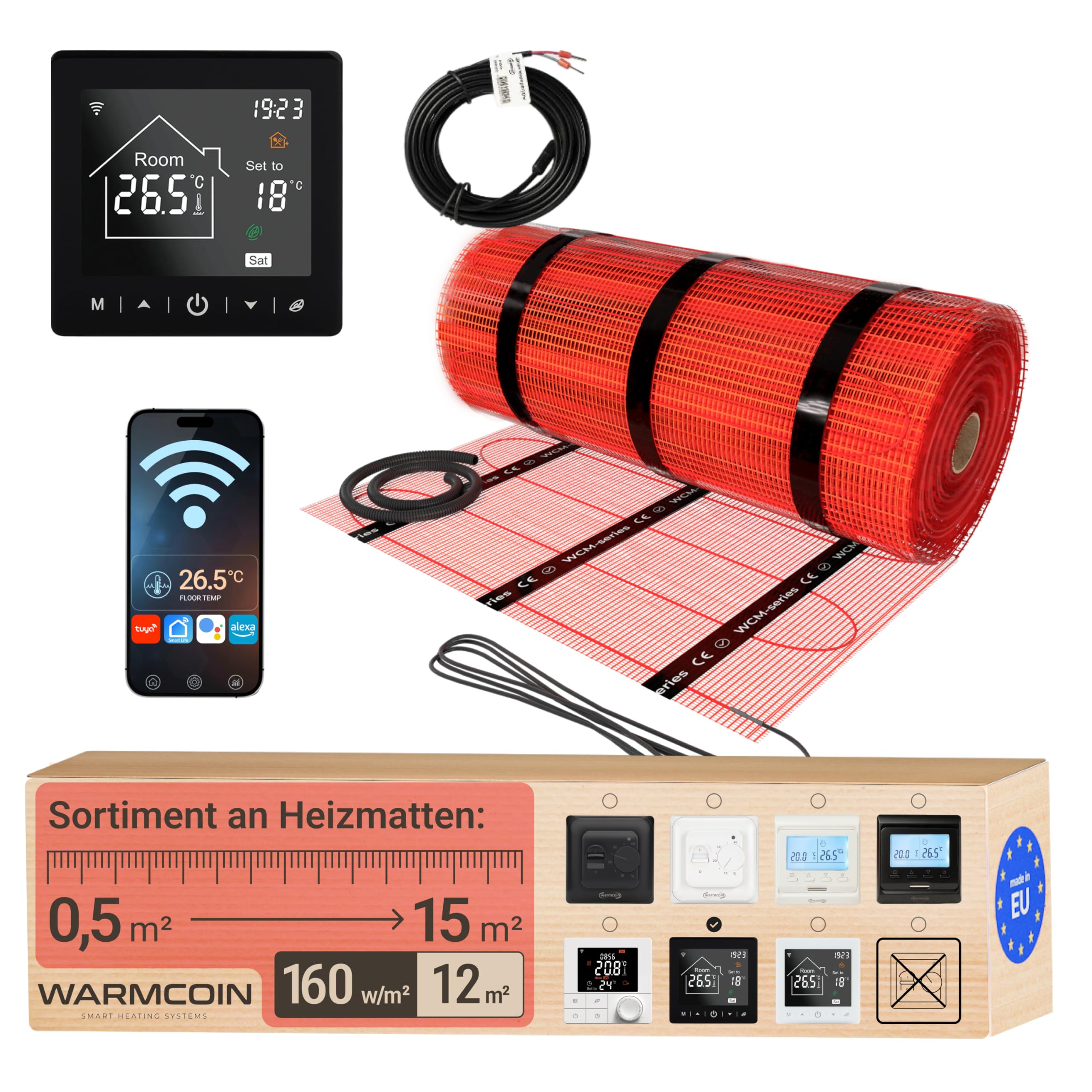 Warmcoin Elektrische Fußbodenheizung Komplettset – Selbstklebende Heizmatte für Fliesen, Laminat, Vinyl & Parkett – Inkl. Thermostat W70 Weiß