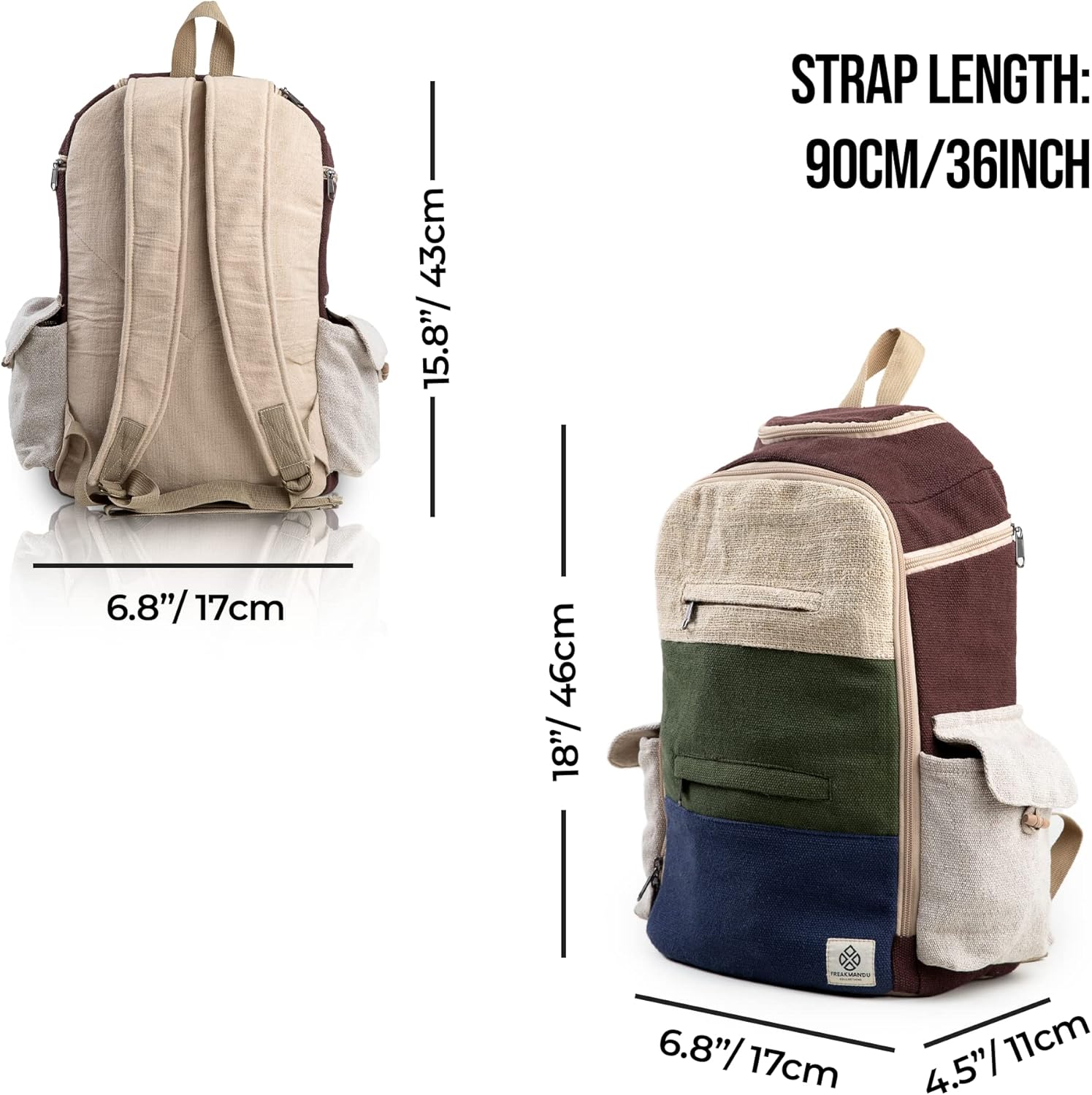 Large Hemp Backpack Multi 8 Functional Pocket Bag - Eco Friendly Unisex Rustic Durable Day Backpack by Freakmandu - Image 3