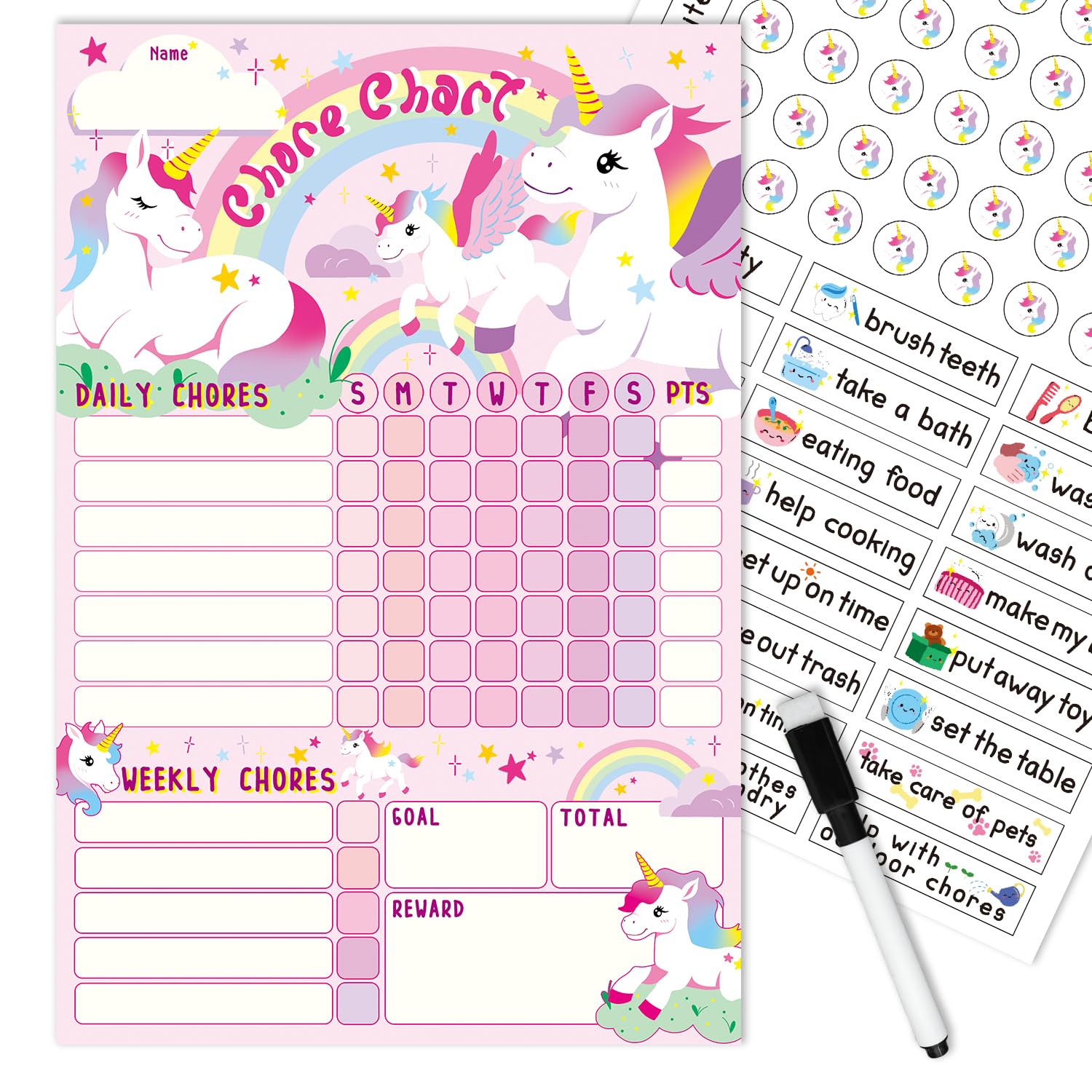 EkiShoal Unicorn Kids Chore Chart Magnetic Set - 5 in 1 - Reward Chart for Kids, Good Behavior Chart for Kids at Home, My Responsibility Chart for Kids, Magnetic Reward Chart for Kids Behavior - Large