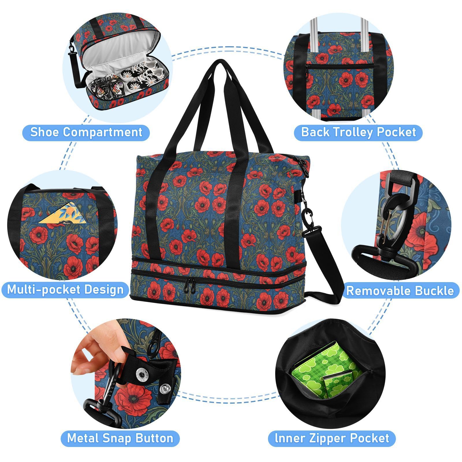 William Morris Red Alabia Poppy podróżna torba podróżna z kieszenią na mokro regulowany pasek sportowa torba na siłownię do trekkingu 2 szt. zestaw dla mężczyzn kobiet