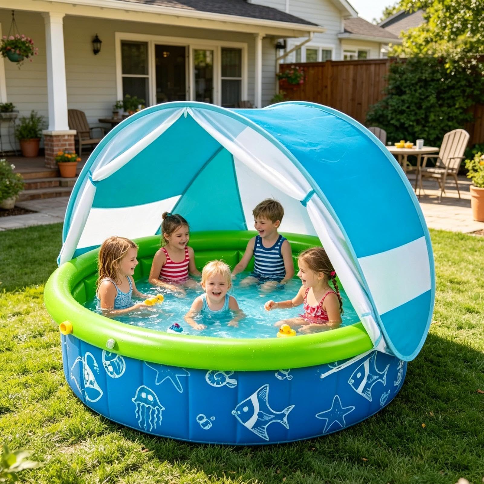 Piscine Pliable Avec Auvent - Pataugeoire Portable | Piscine Gonflable Avec Toit Pare- | Bassin Antidérapant Avec Filet, Tente De Jeu Aquatique Pour Jardin Plage Camping, Équipement Exté