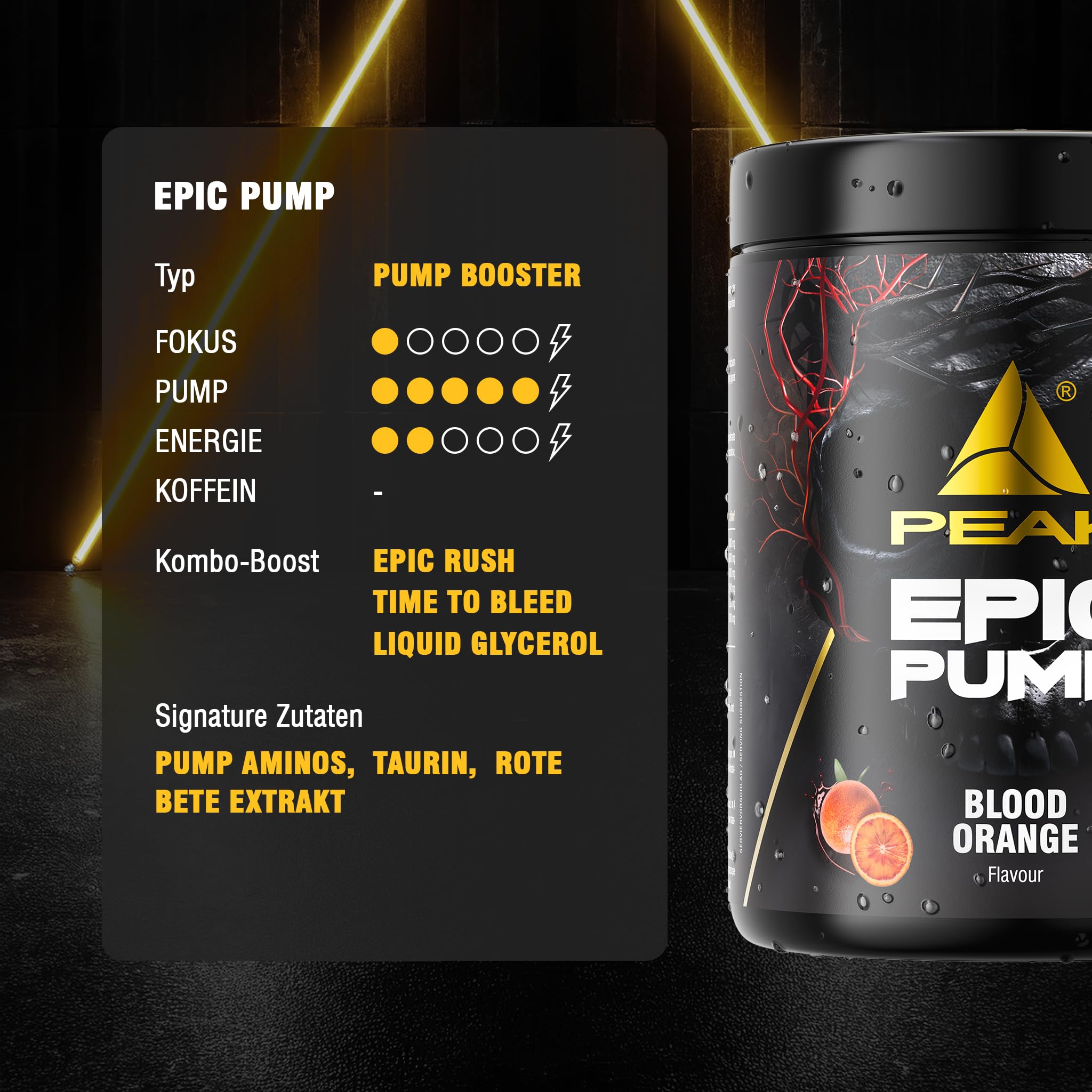 PEAK Epic Pump - 500g Geschmack Fresh Berry I 20 Portionen I Concentrated Pre Workout Booster ohne Koffein mit L-Citrullin Malat, L-Arginin HCL/Nitrat und Taurin I vegan