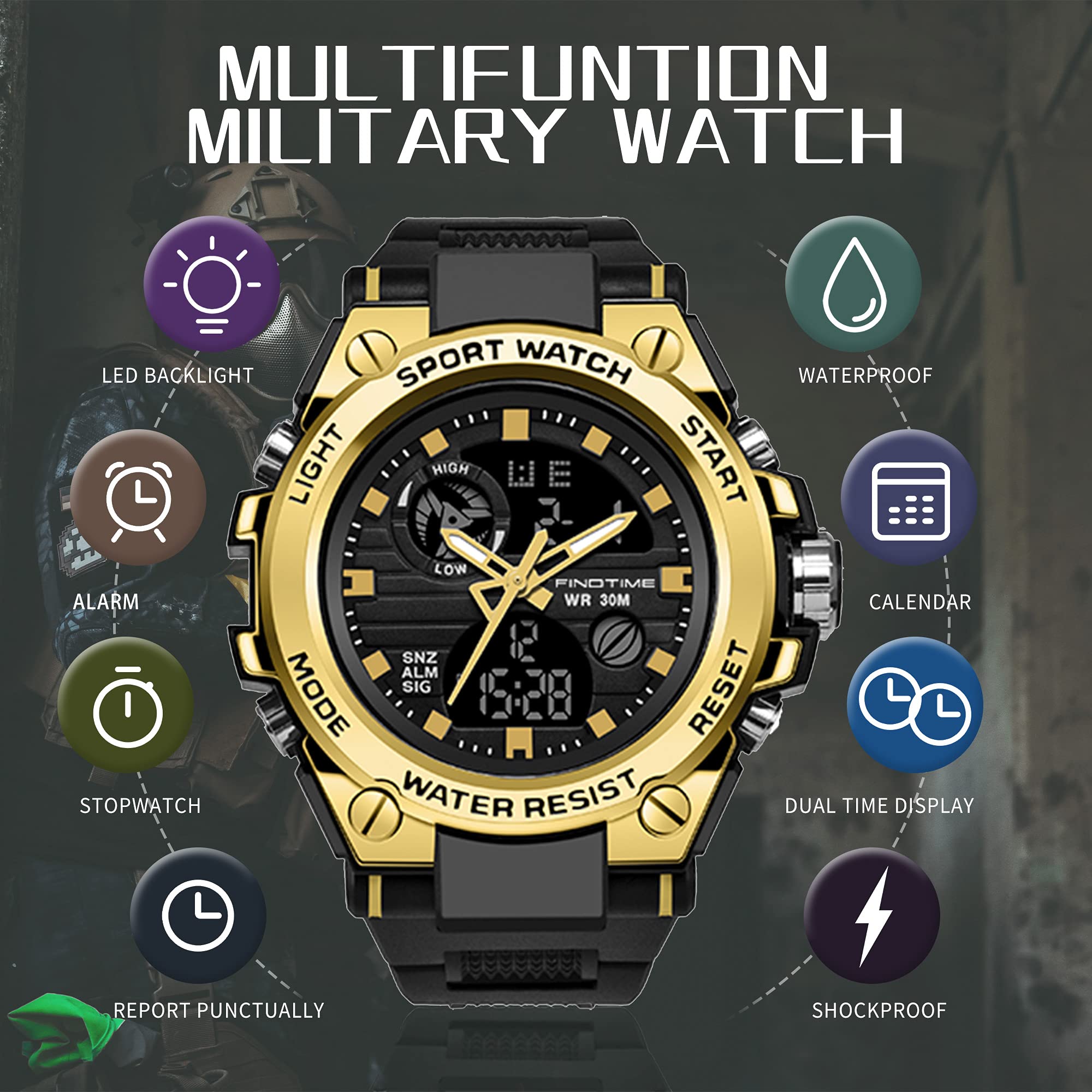 Montre Homme Militaire de Sport Etanche chronomètre Digitale Réveil LED Analogique Montre Connectee Homme