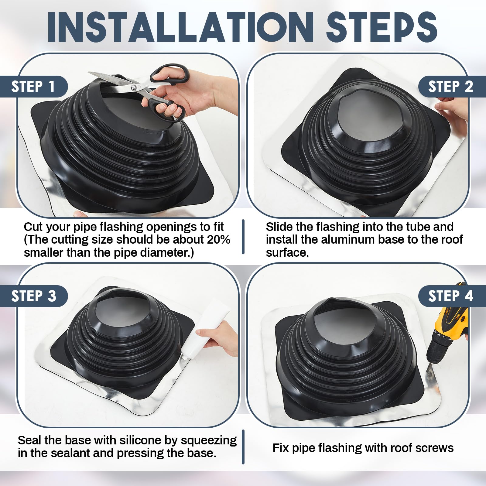 Yaocom Bota de ventilación de techo de metal #7 intermitente para tubería OD de 6 a 11 pulgadas, base cuadrada Epdm, kit de ventilación de techo (1 unidad, 14.8 pulgadas)