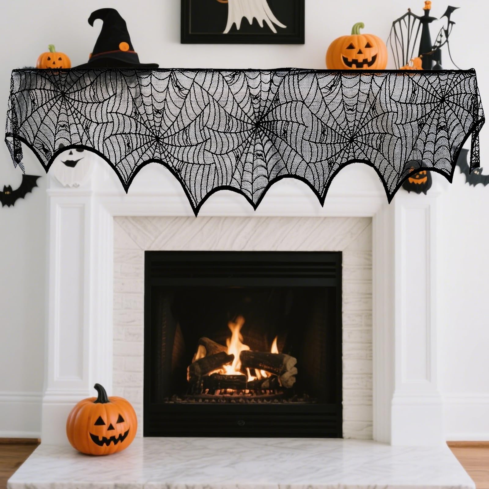 Halloween Mantle Scarf Fireplace Cover 18 x 96 inch Black Lace Cobweb Fireplace Mantle Scarf Cover for Halloween Decorat — home & kitchen deal