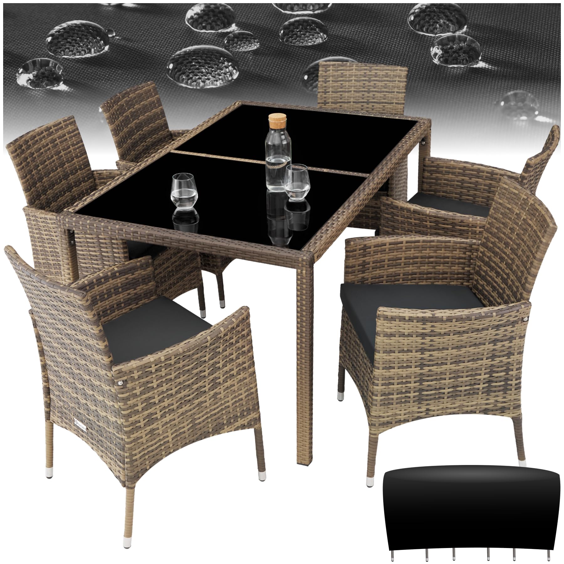 tectake® Salon de Jardin Exterieur en Poly Rotin avec Table de Jardin & 6 Chaise Confortable, Résistant aux UV, Mobilier de Jardin pour Amenagement Balcon ou Terrasse - Marron Naturel/Gris foncé