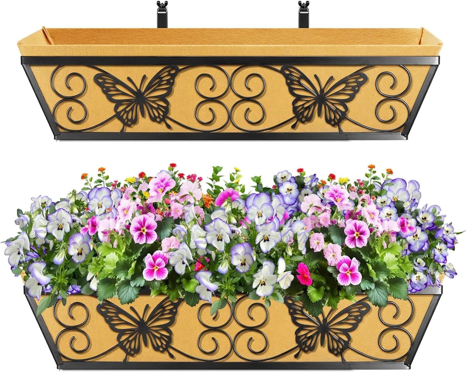 2 Pack 24 Inch Window Boxes Planters Railing Planter Box with Adjustable Brackets for Porch Fence Patio Balcony Hanging Flower Baskets with Woven Fabric for Outdoor Garden Decor - Black