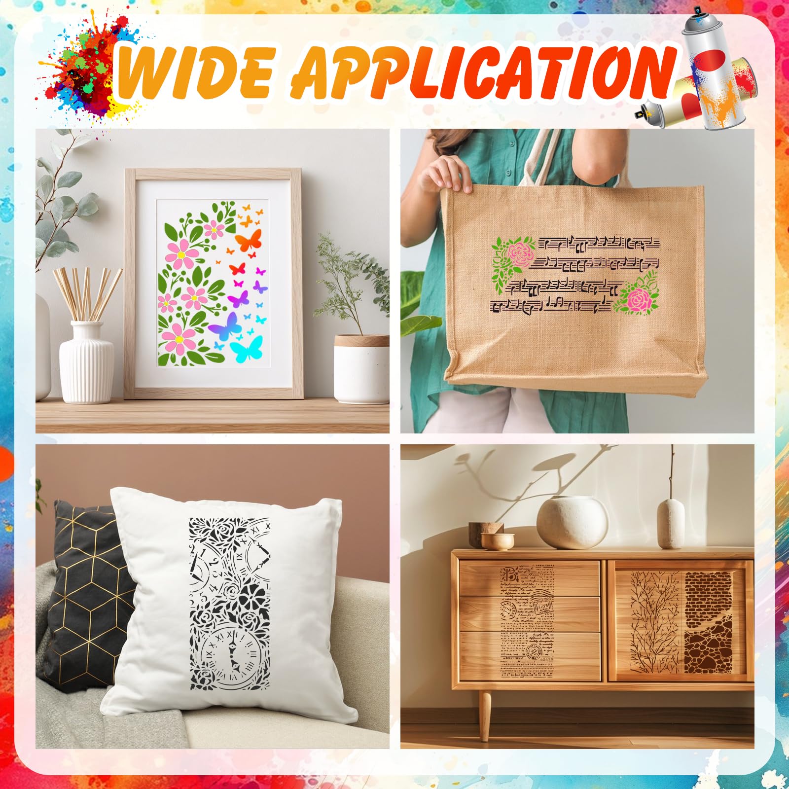 MWOOT 8 Pezzi Stencil per Pittura Riutilizzabili, Stencil Modelli di Pittura Texture Note Musicali Rami Fiore in Plastica per Mobili Muro Legno Design Scrapbooking DIY 30 x15 cm