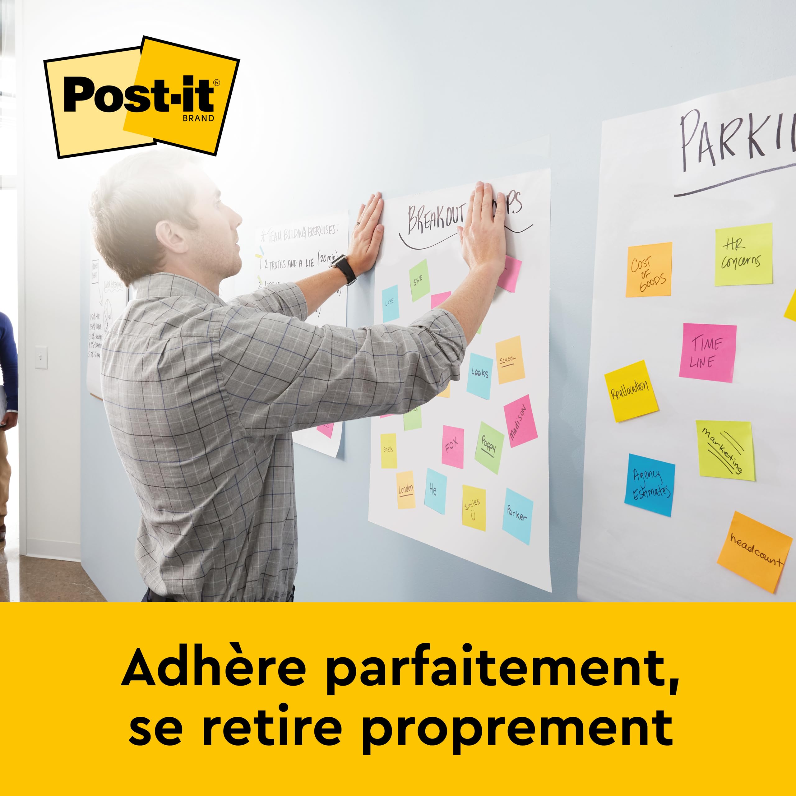 Post-it Meeting Chart, Blanc, 63.5 cm x 76.2 cm, Pack Promotionnel + Post-it Notes Super Sticky, Couleurs Néon Assorties, 2 Blocs + 4 Gratuits/Paquet