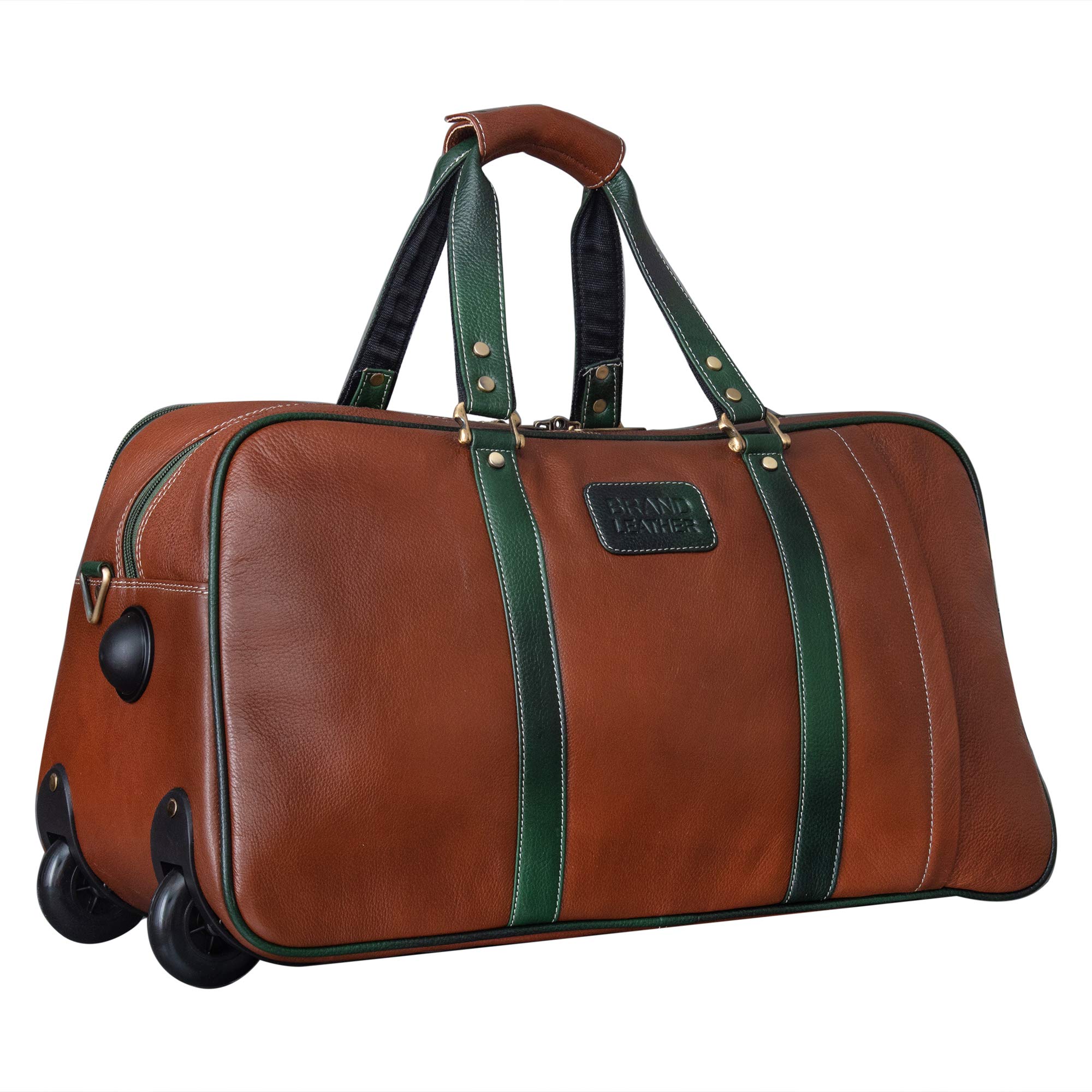 brand leather Genuine Leather Combination Colour Soft Sided Travel Duffle with Trolley (TAN)-picture-19