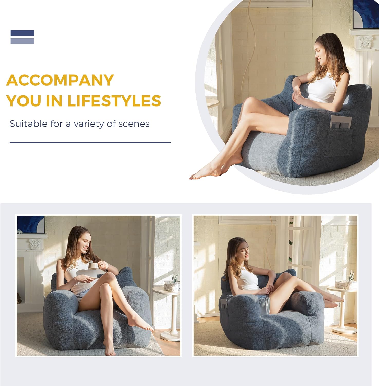 MAXYOYO Bean Bag Chair, Tufted Bean Bag Sofa with Boucle Fabric, Comfy Lazy Chair with Filler, Living Room Sofa for Adults Teens, Accent Couch for Bedroom Dorm, Dusty Blue