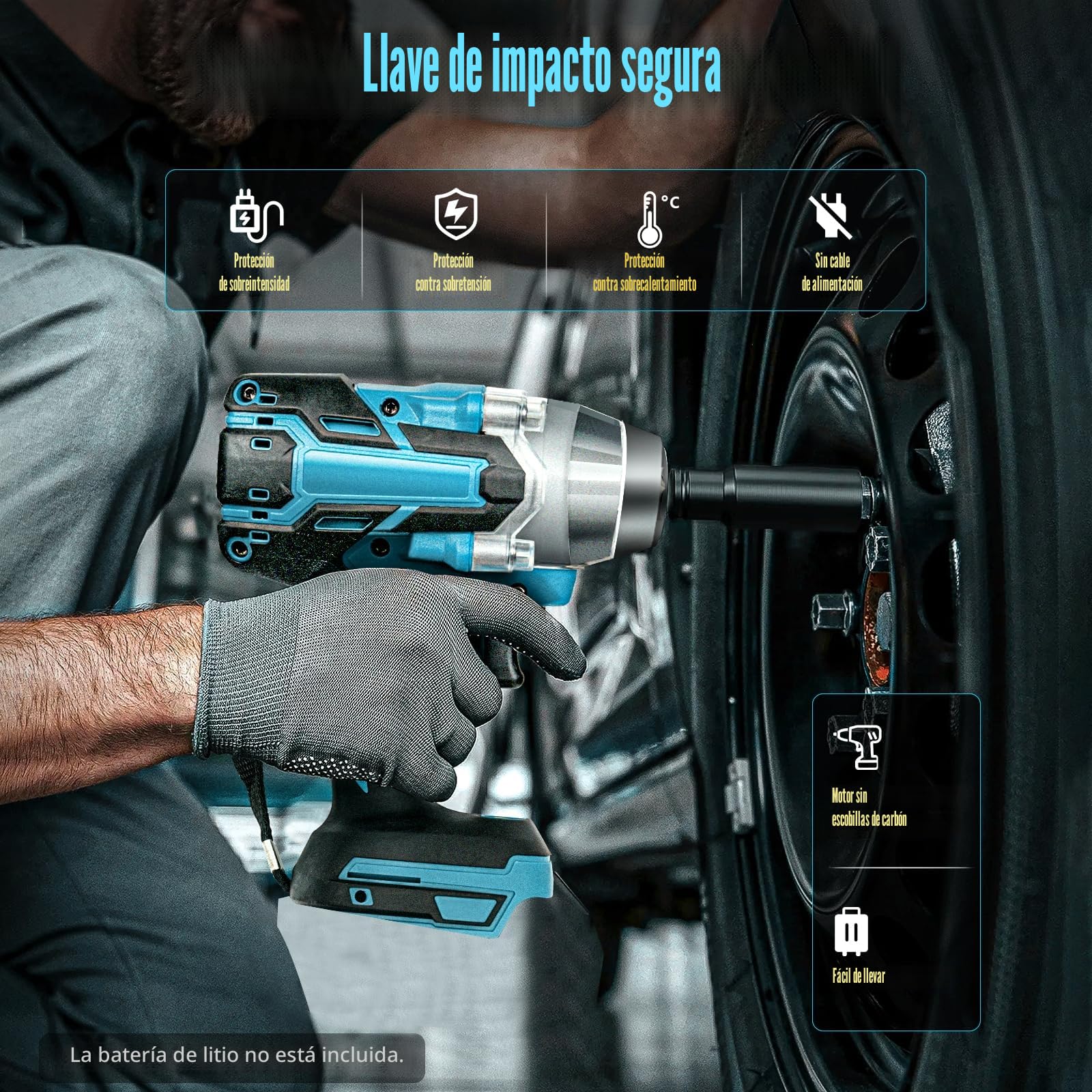 Llave de impacto eléctrica de 18 V, 1/2 ‘cuadrada, batería sin escobillas, par de torsión, 350 Nm con luz LED, 0-4000 rpm (sin batería ni cargador)