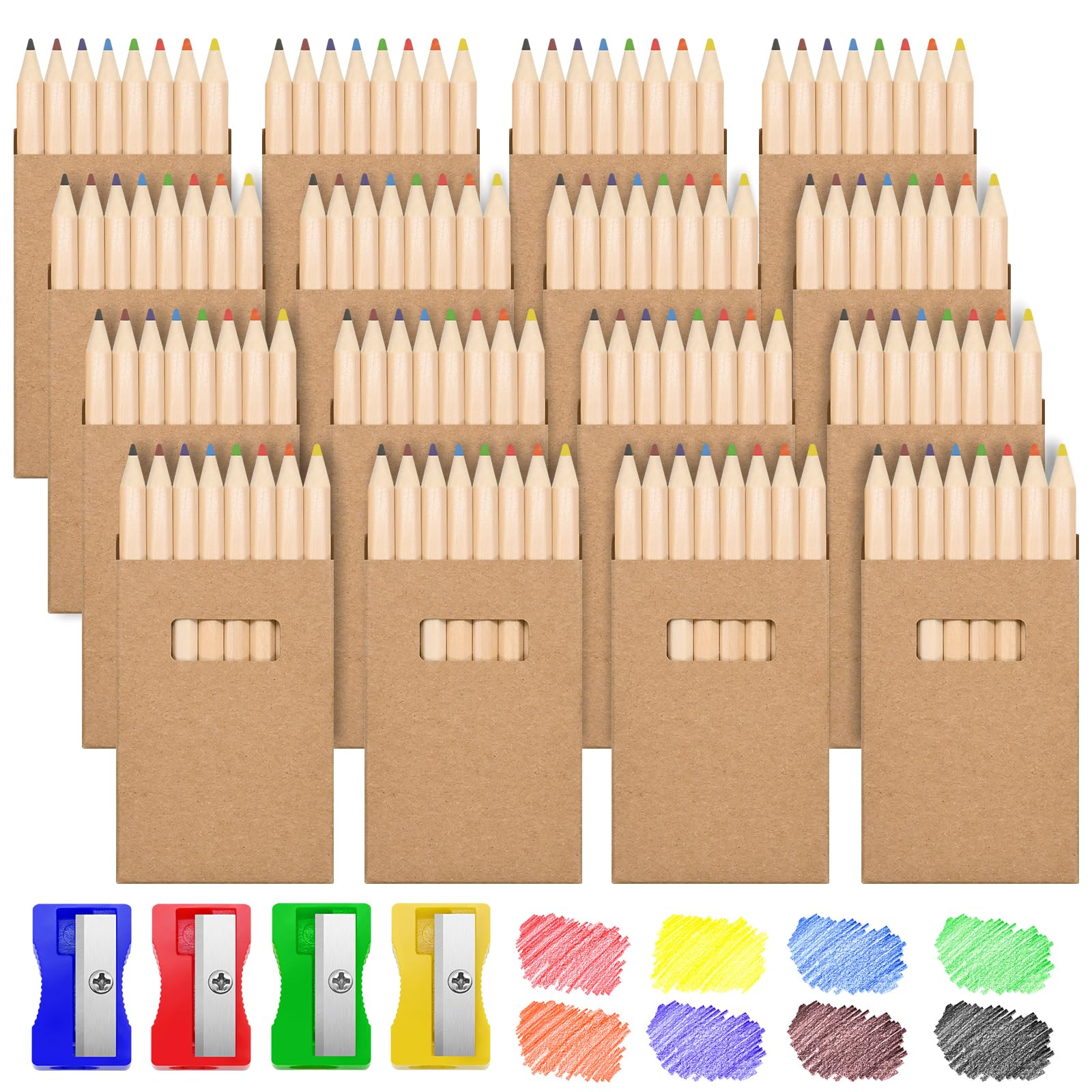 Sheryl&Rain 128 Pcs Mini Colouring Pencils, 8 Assorted Colours Small Colored Pencil Short with 4 Sharpeners, 16 Pack Mini Colouring Crayon Pencils Wooden for Party Bags Drawing