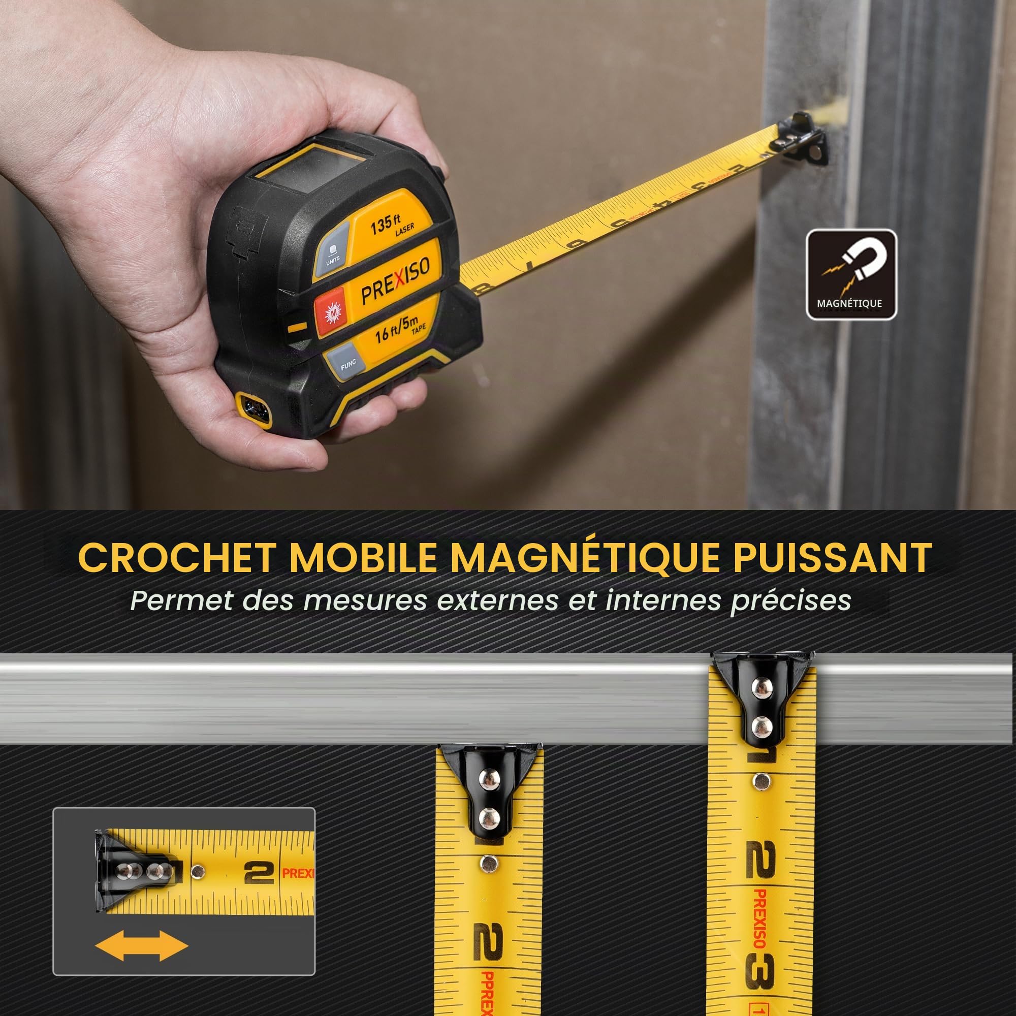 PREXISO Télémètre Laser 2 en 1, Mètre Ruban Laser Rechargeable avec Laser de 40M et Ruban de 5M, Outil de Mesure Laser avec Crochet Magnétique Mobile, Mode Pythagore, Unité à Changement Libre