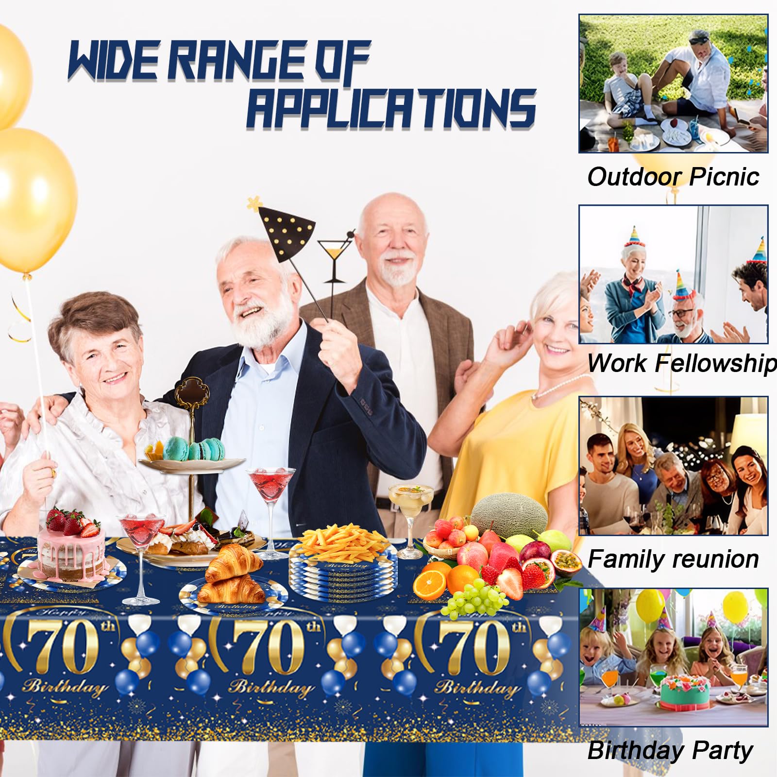 Juego De Vajilla Para Fiesta De 70 Cumpleaños - 16 Platos, Mantel Y 20 Servilletas, Decoración Azul Y Dorado