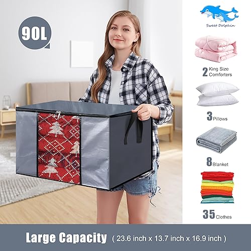 Miniatura 2 de SWEET DOLPHIN Bolsas de almacenamiento grandes de 90 L, almacenamiento de ropa con asa duradera para ropa, mantas, edredones, sábanas, almohadas y