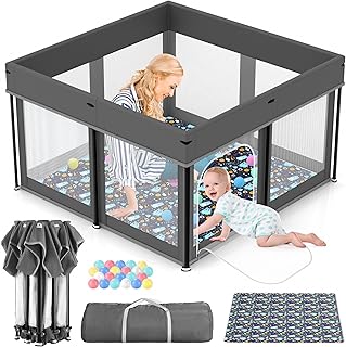 Joyibay Baby Playpen, 50×50 Play Yard for Baby Play Pen Set, Baby Fence with Basketball, Balls, Rings, Mat, Playpen Gym fo...