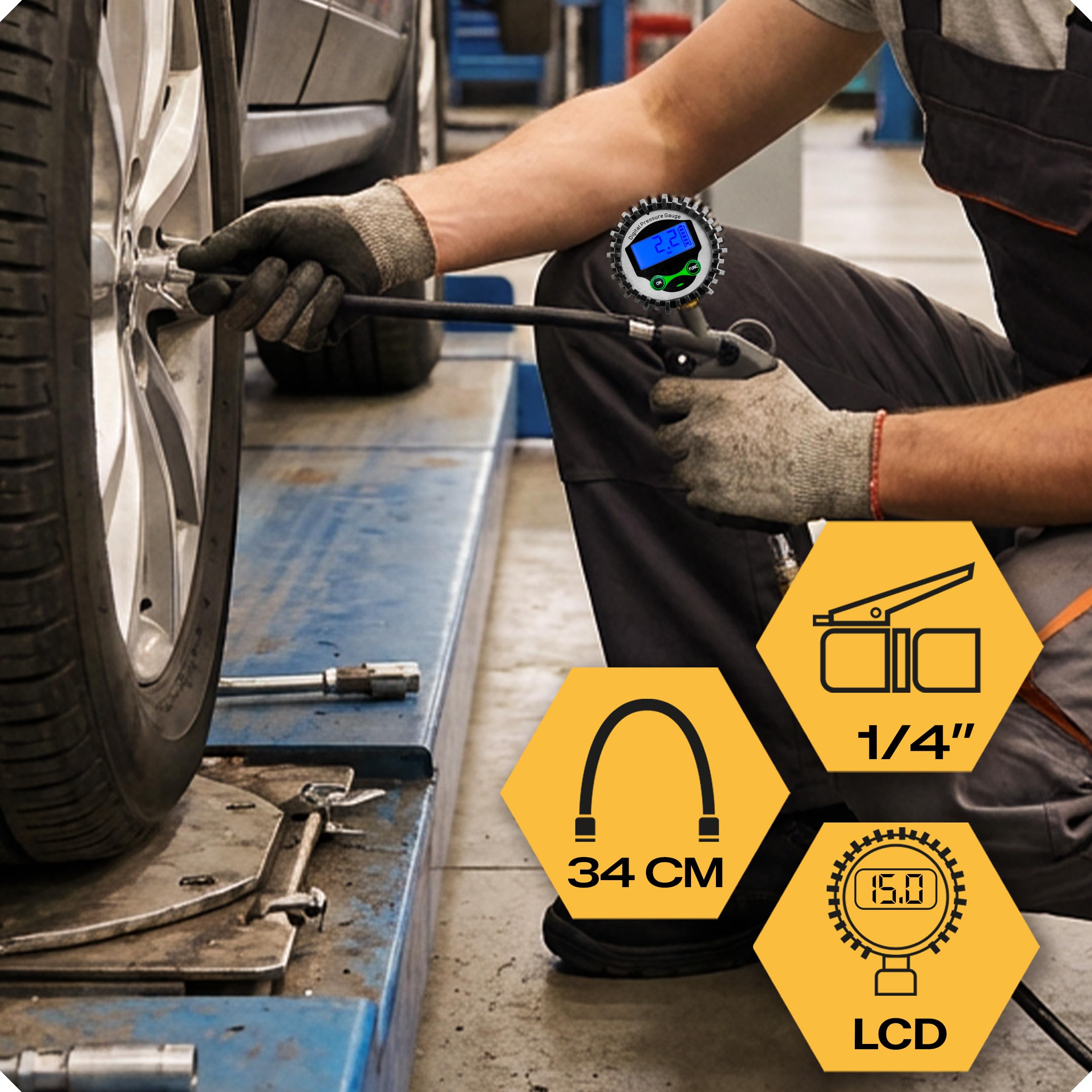 Humberg Inflador digital de neumáticos con manómetro – manómetro de presión de neumáticos de 15 bares con pantalla LCD – Medidor de presión de aire para coche, moto y bicicleta – Manguera de 34 cm