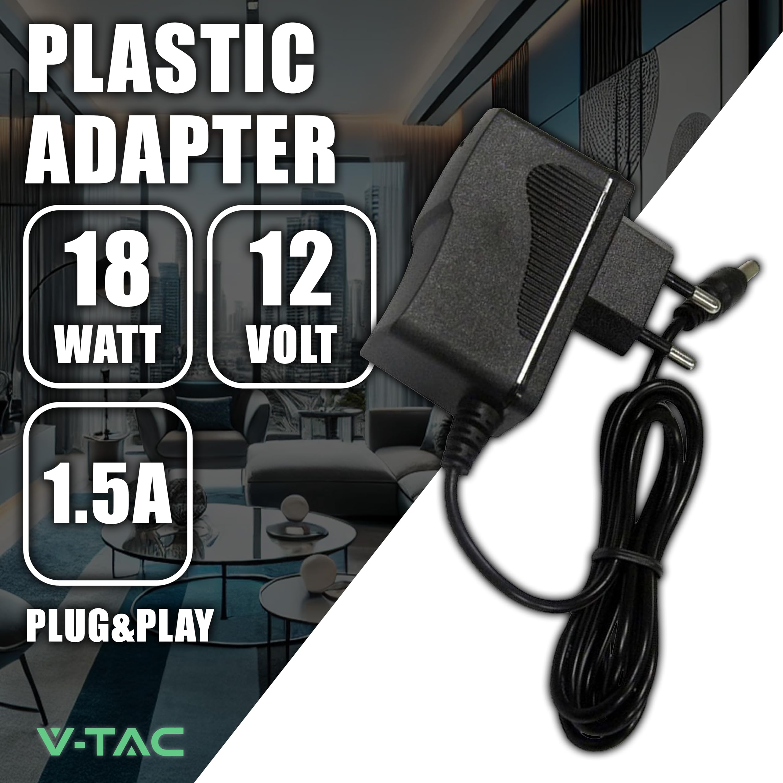V-TAC Zasilacz 12 V 18 W, 1,5 A do kamer, taśmy LED, modem - transformator 12 V Plug&Play z wtyczką domową do ekranów i urządzeń elektronicznych - Wejście AC 100-240 V - 50/60 Hz