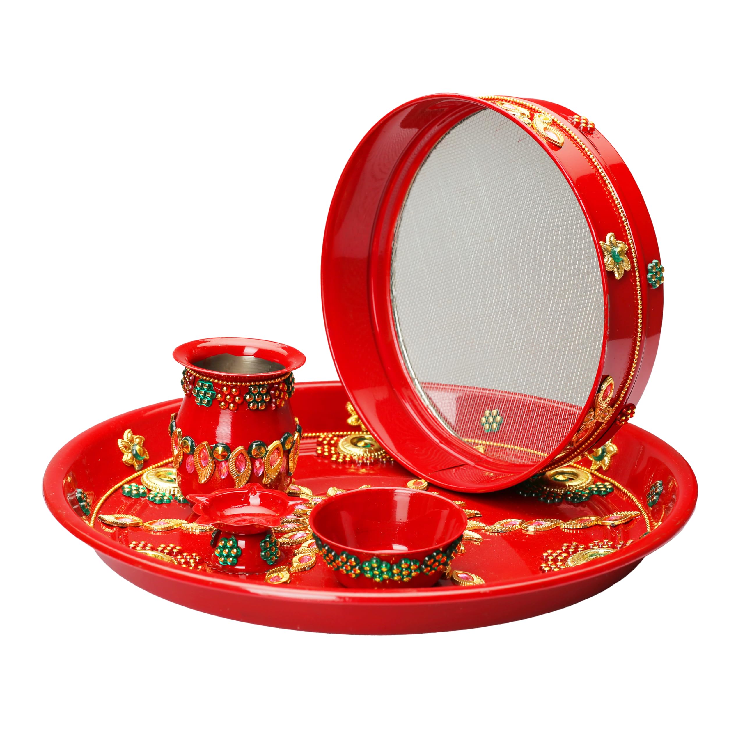 Karwa Chauth Red Pooja Thali talerz ręcznie wykonany talerz dekoracyjny stalowy Thali z dużą ilością niezbędnych artykułów dołączonych do rytuałów Aarti Pooja dekoracje Diwali (rozmiar Thali - 25