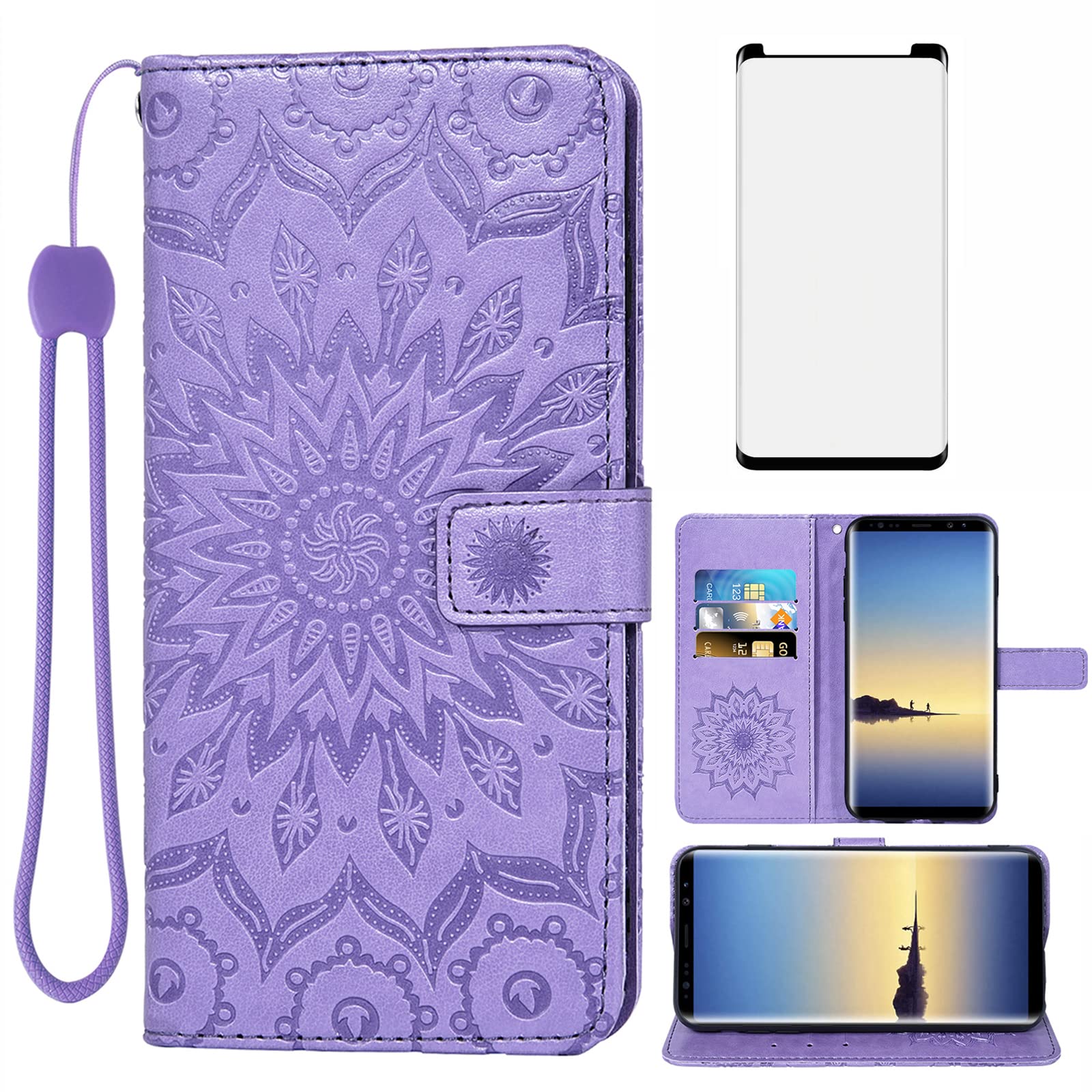 Phone Case for Samsung Galaxy Note 8 Wallet Cases with Tempered Glass Screen Protector Leather Slim Flip Cover Card Holder Stand Cell Accessories Glaxay Note8 Not S8 Galaxies Gaxaly Women Purple