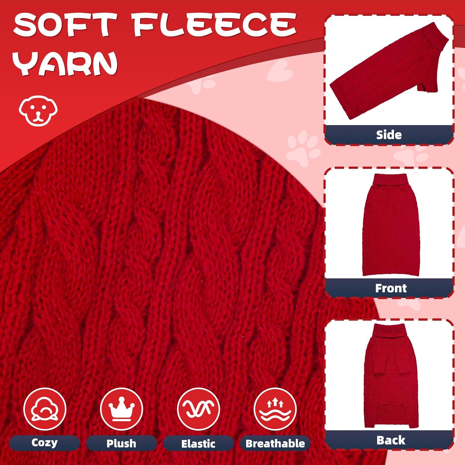 Dog Sweater Turtleneck Pullover Cable Knit for Boys Girls Large Dogs Bulldog Pitbull Labrador Doberman Winter Stretch Clothes Long Sleeves (XXL, Red)