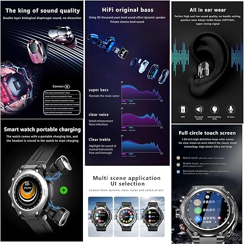 Vista 19 de T92 - Reloj inteligente con auriculares MP3, Bluetooth 3 en 1, reloj inteligente de 1.28 pulgadas, auriculares inalámbricos integrados, altavoz