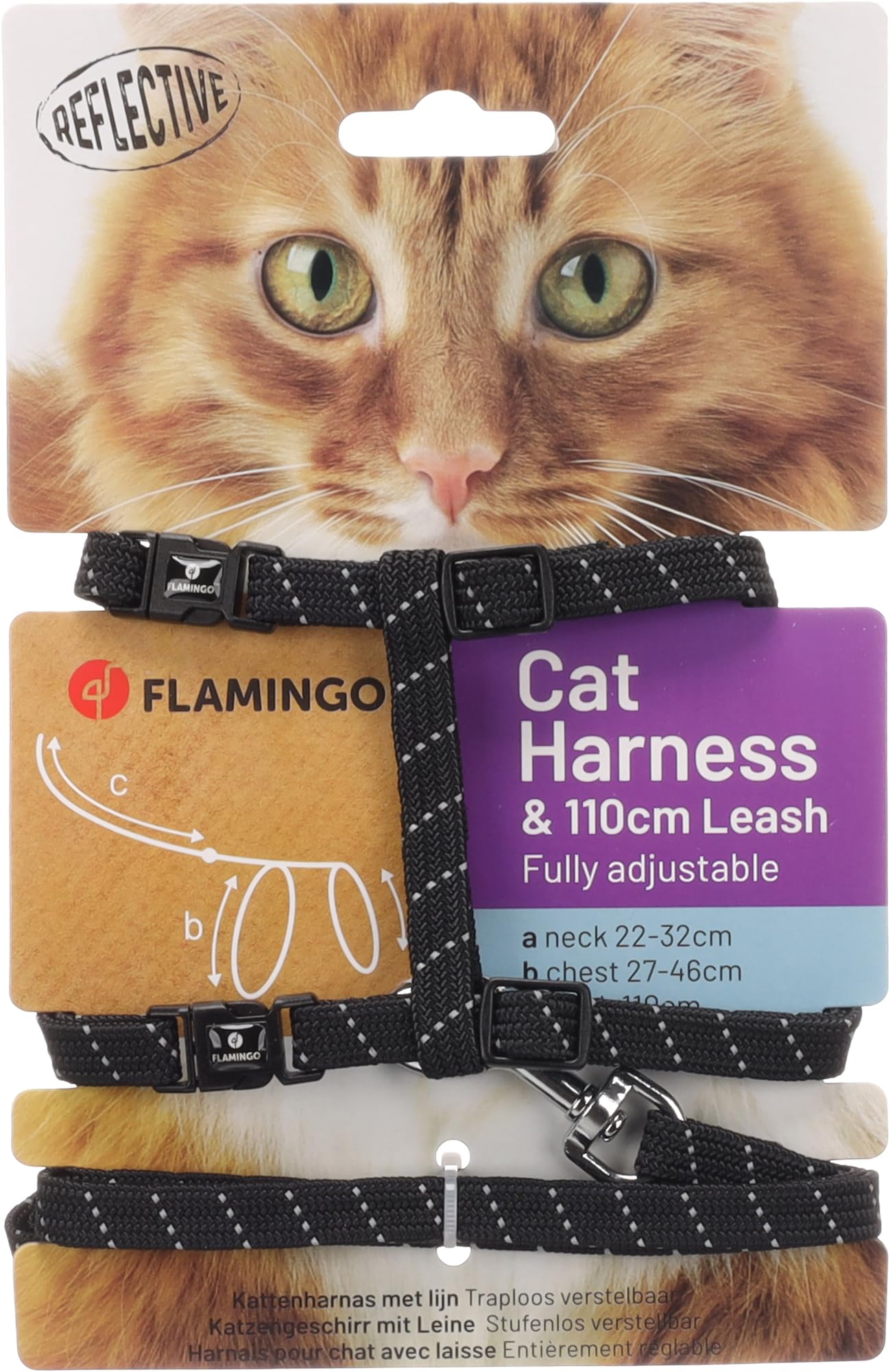 pettorina gatto - Elza nero - 22-32cm - 27-46cm - guinzaglio 110cm - nylon regolabile - riflettente - con moschettone