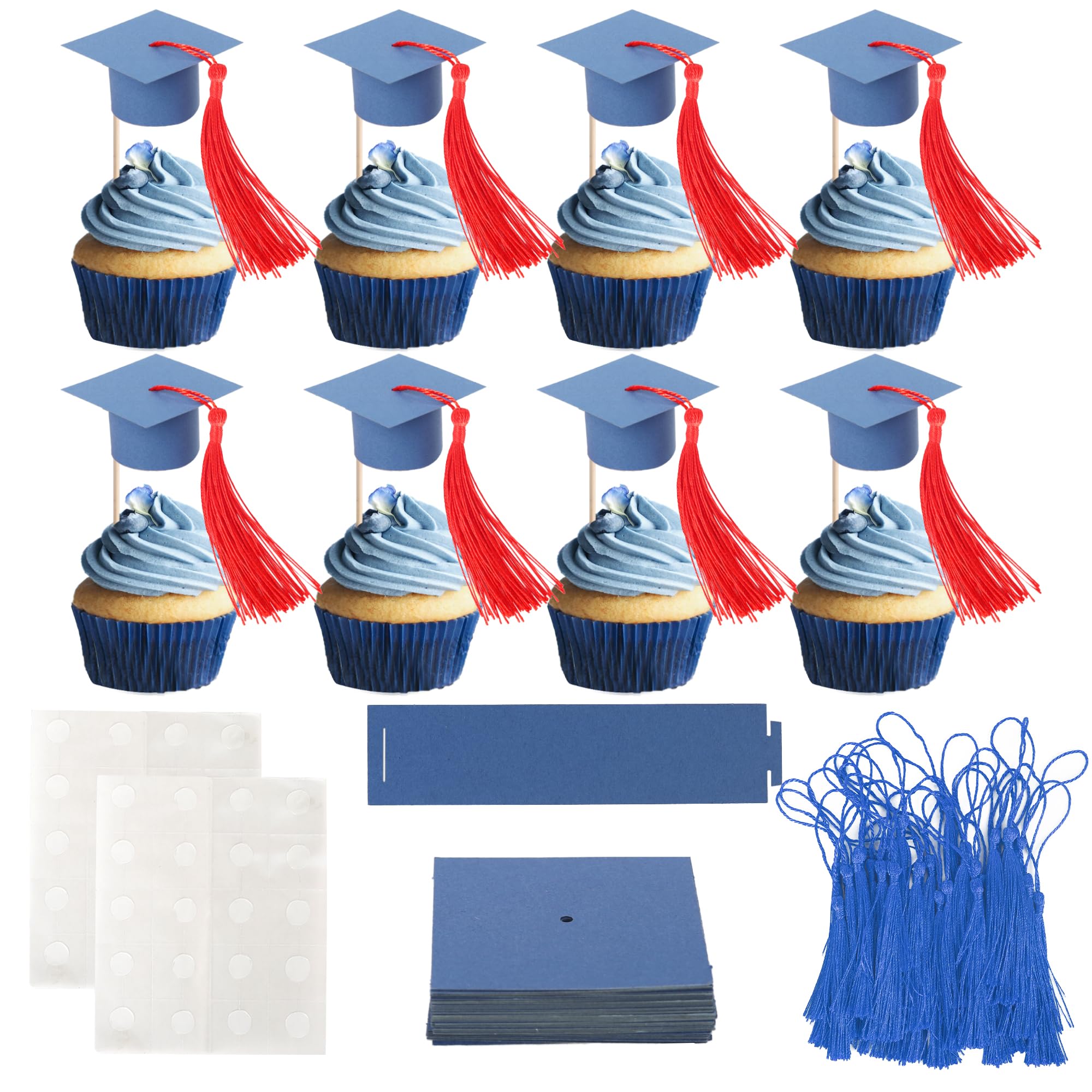24 Pack 2026 Graduation Cap Cupcake Toppers with Tassel Congrats Grad Cap Class of 2026 Cupcake Picks Mini Graduation Caps Decorations for 2026 School Graduate Party Cake Decorations Blue Red
