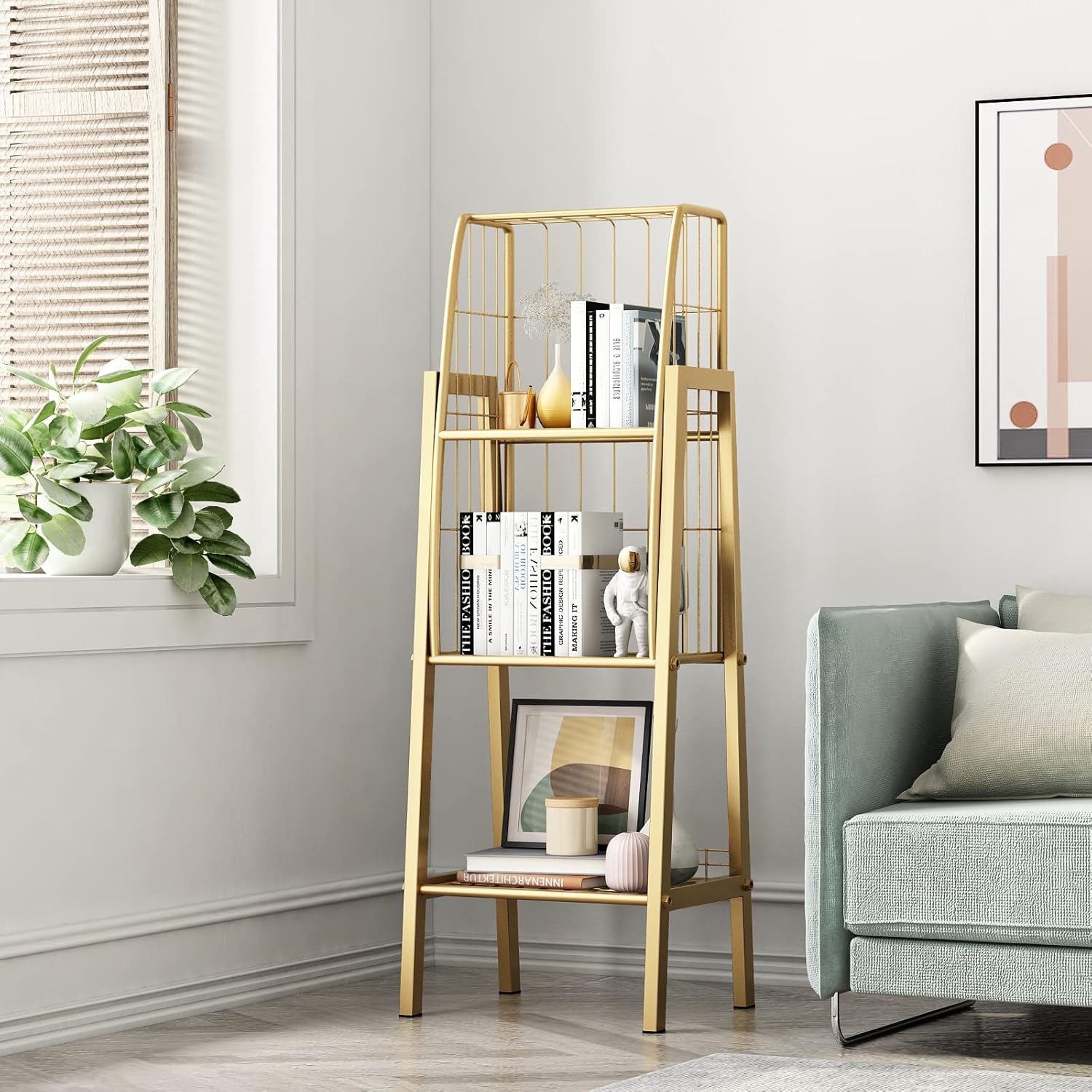 DOORXIFO Modern Gold Bookcase Freestanding,Heavy Duty Metal Gold Bookshelves Organizer for