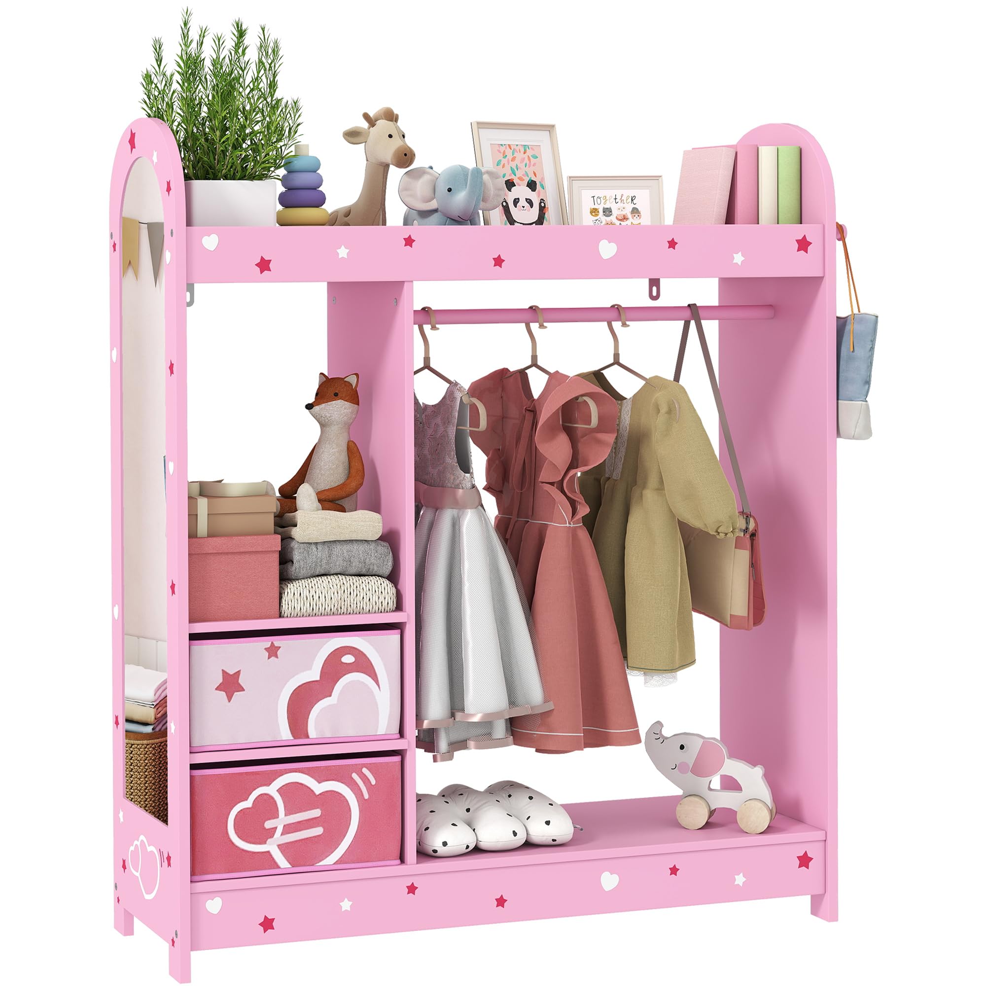 AIYAPLAY Kids Clothes Rail, Kids Wardrobe with Mirror, for Girls, Pink