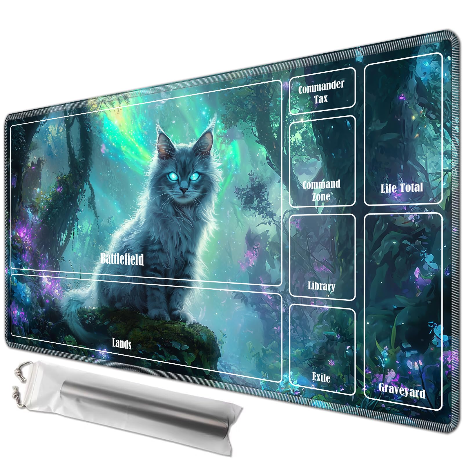 JANENFNA Playmat 24" x 14" with Magic Zones for MTG Card Game Playing, Board Game Mat for Card Breaking Commander Deck Gaming Card Game Battles Mat with Storage Bags, Mystical Cat Forest