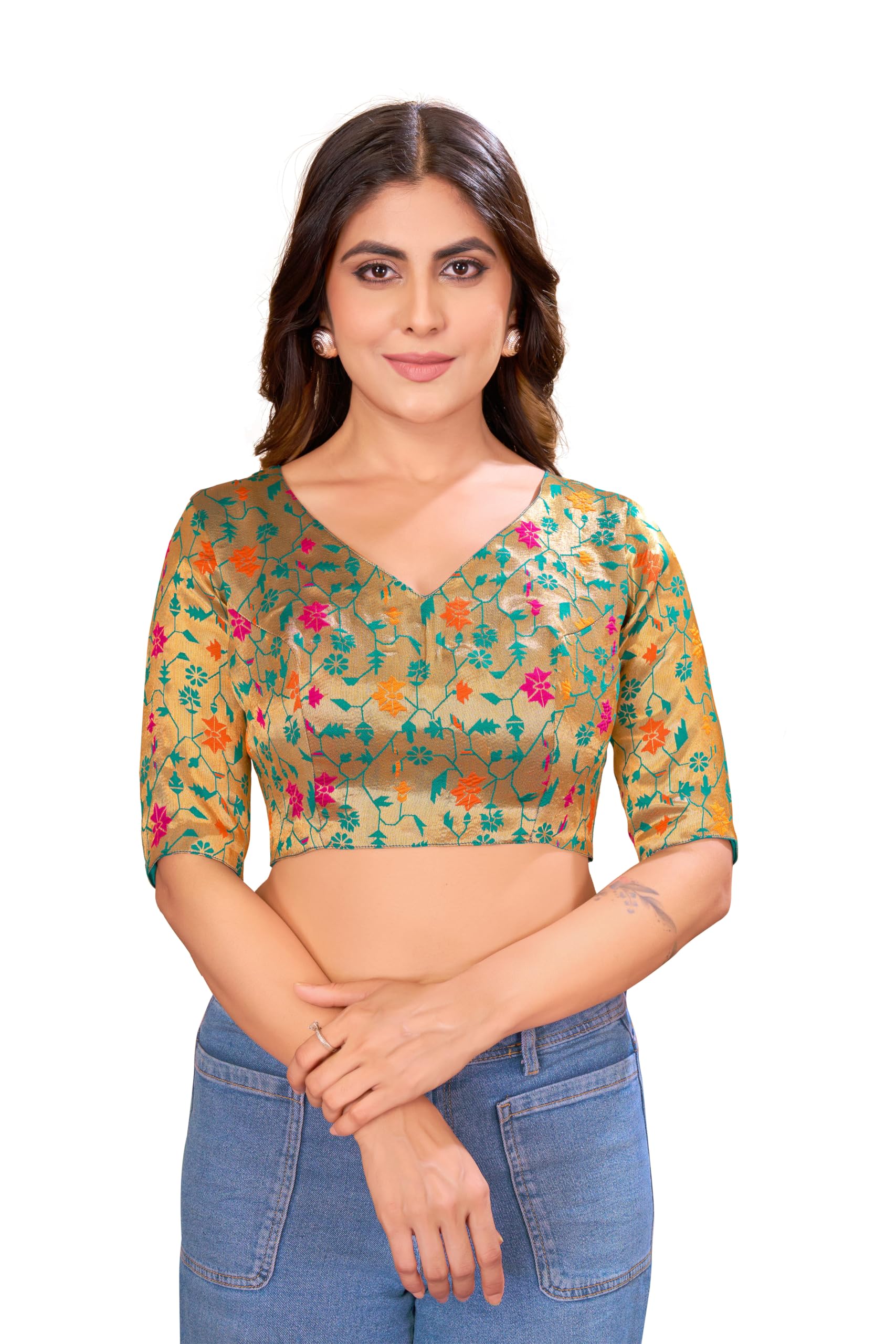 Women Woven Design V-Neck Saree Blouse Green Pink & Gold | Ready to Wear Ethnic Blouse with 3/4 Sleeves & Back Hook Eye Closure | Geometric Pattern Blouse for Saree-picture-46