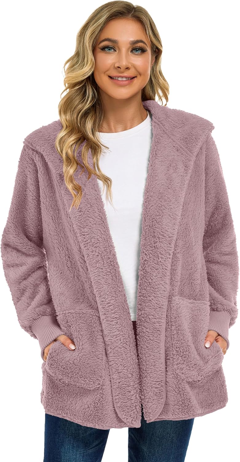 CHICGAL Womens Fuzzy Jacket Hooded Cardigan Open Front Sherpa Coat Outwear with Pockets - Image 4