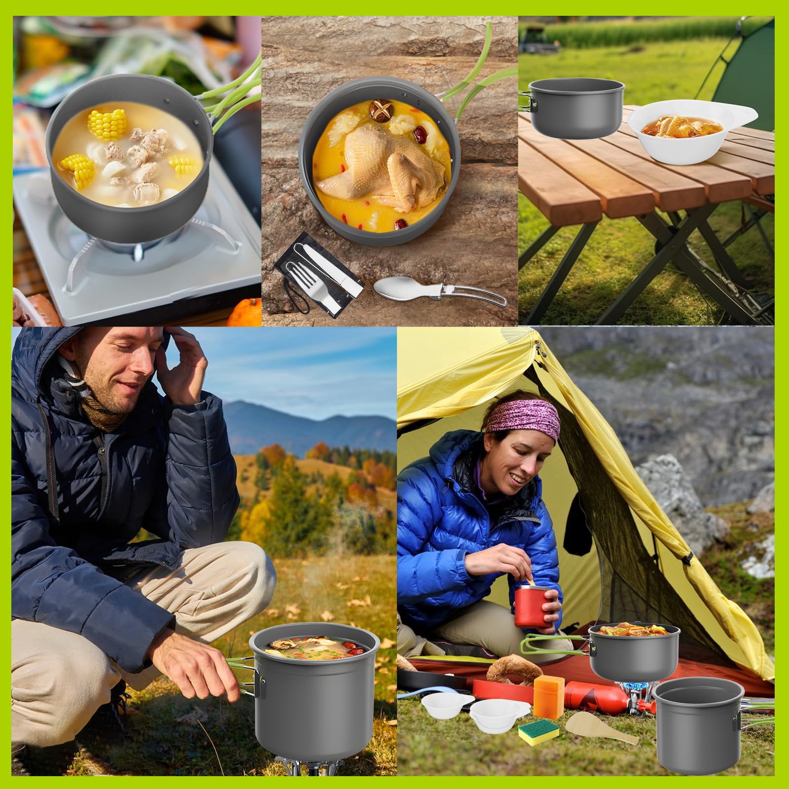 Kit di Pentole da Campeggio, Pentola e Padella da Campeggio in Alluminio, Posate Pieghevoli, Set di Pentole da Campeggio Portatili Utensili da Cucina Outdoor Camping Picnic Escursione BBQ