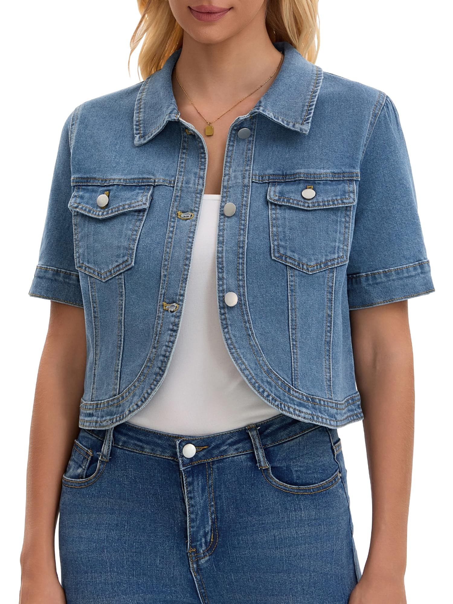 Veste en Jean Femme Manches Courtes Blouson Courte Boutonnée avec Poches Style Rétro et Classique Boléro en Denim