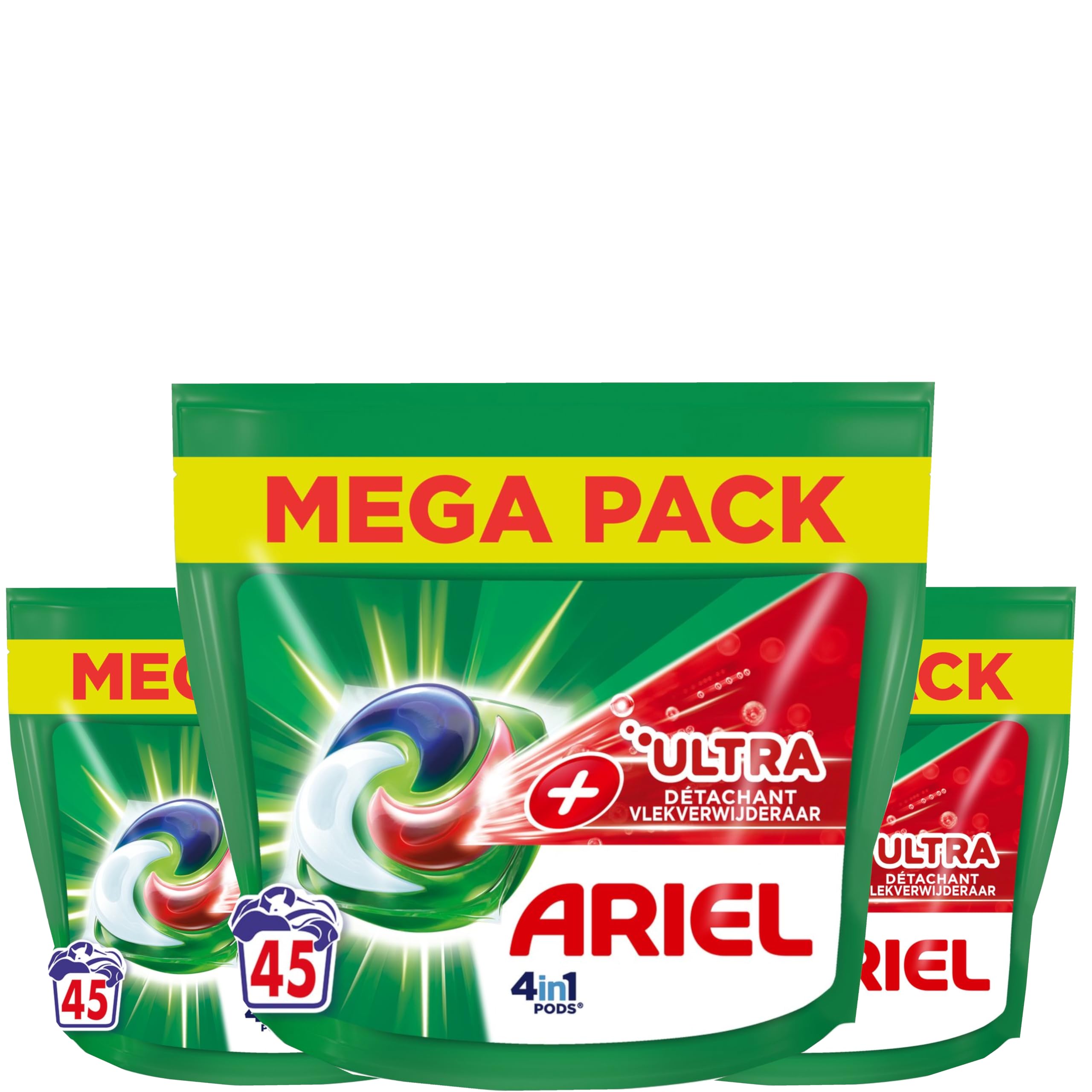 Ariel Detergente para ropa en cápsulas 4 en 1 + Quitamanchas ultra - 3 x 45 lavados