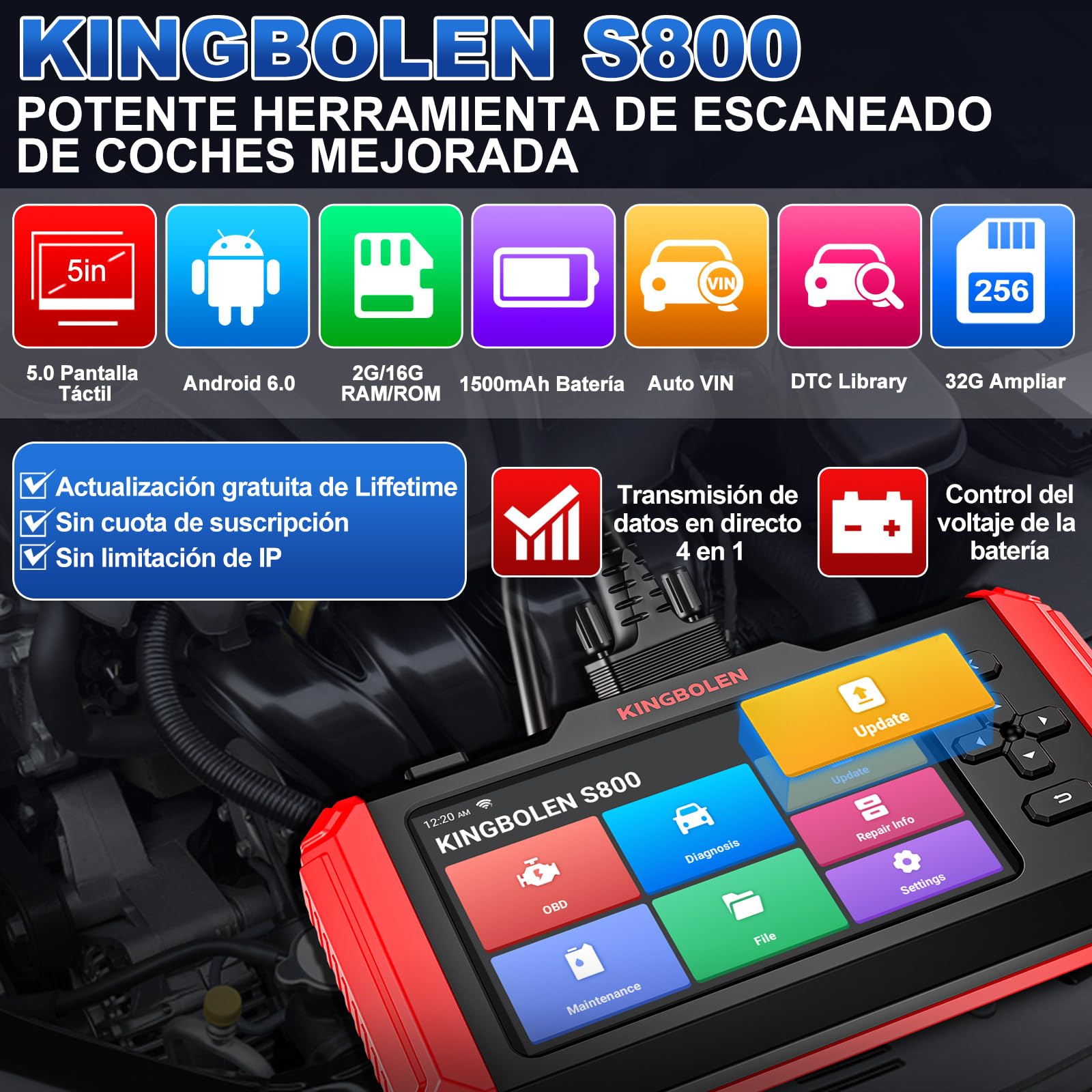 KINGBOLEN Diagnosis Coche Multimarca de 4 Sistema(ABS/SRS/ECM/TCM),S800 Maquina Diagnosis Coche con de 15 Funciones Especiales para Siempre, Obd2 Diagnosis Coche, Auto Vin