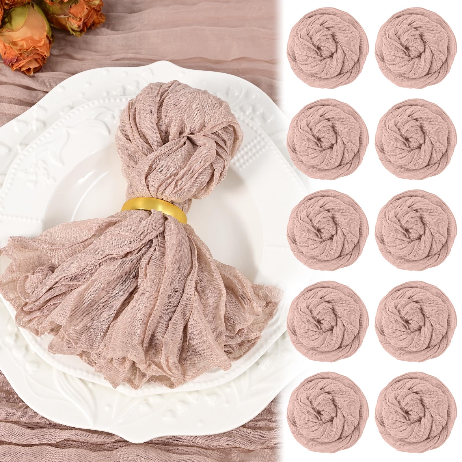 10 Pack Dusty Pink Cheesecloth Napkins 20"x20" Boho Washable Cloth Napkins Set of 10 Wrinkled Cheese Cloth Napkins Gauze Dinner Table Napkin for Wedding Party Baby Shower Birthday Decor