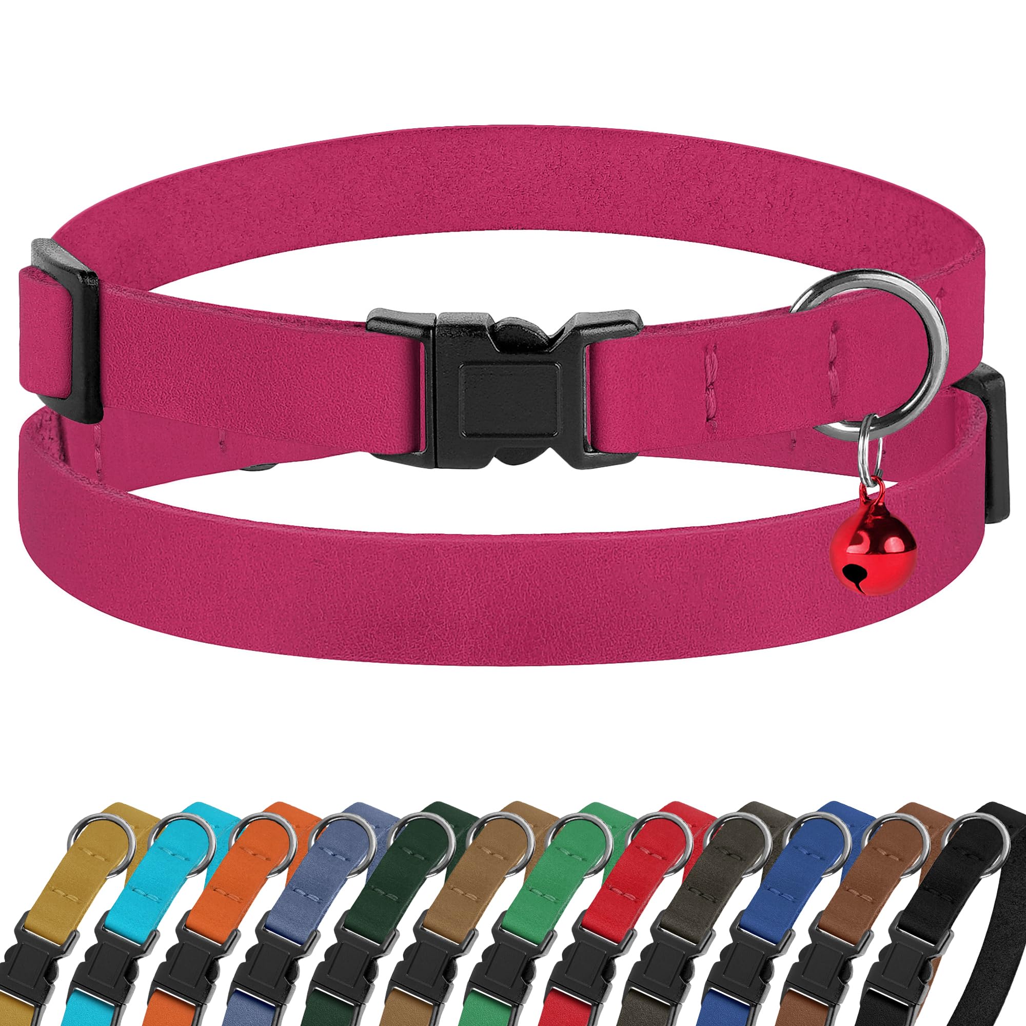 Breakaway Cat Collar Leather with Removable Bell - 13 Colors Available - Soft Adjustable Girl Boy Safety Lightweight Pet Kitten Collars Pink Brown Blue Green Red Orange Black (Pink)